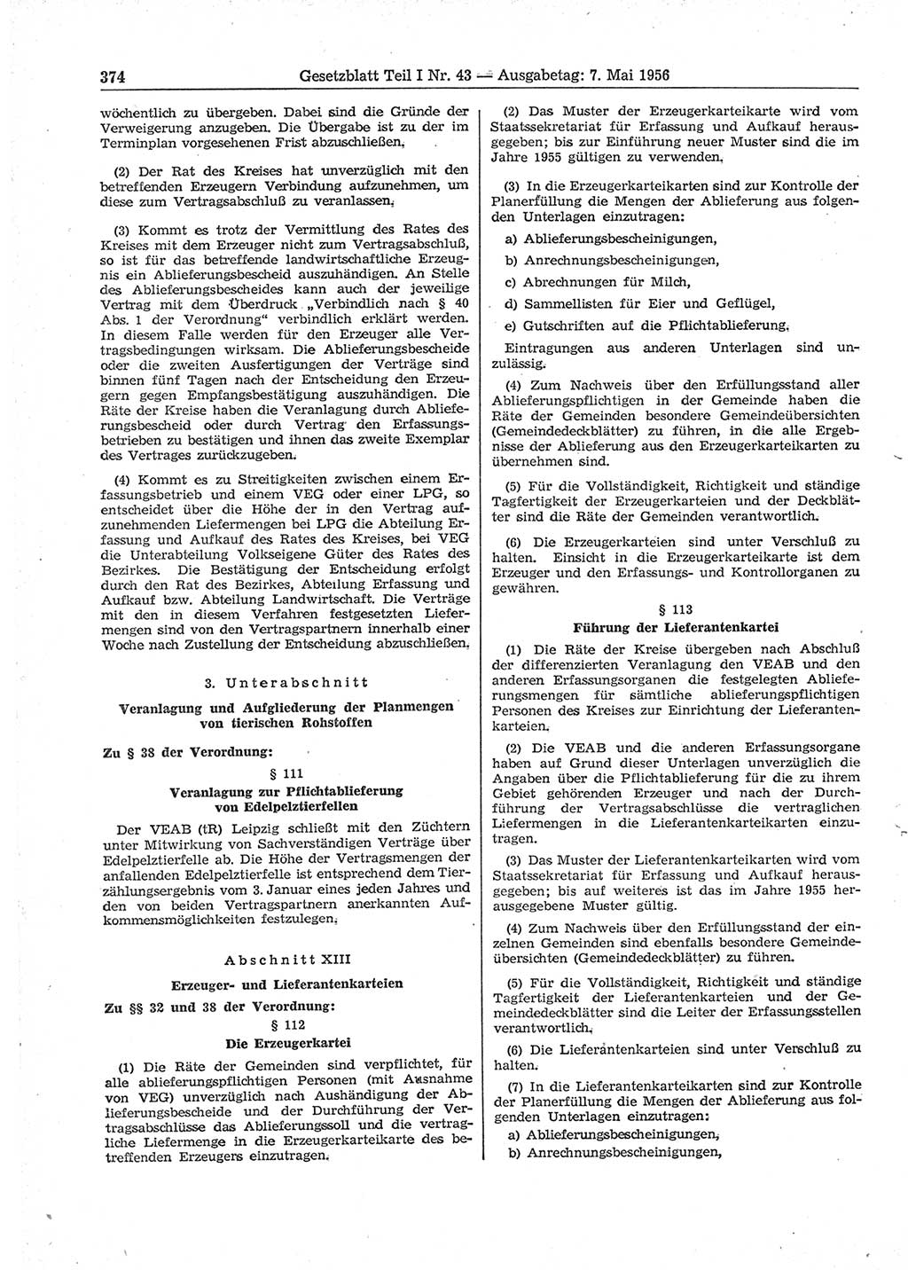 Gesetzblatt (GBl.) der Deutschen Demokratischen Republik (DDR) Teil Ⅰ 1956, Seite 374 (GBl. DDR Ⅰ 1956, S. 374)