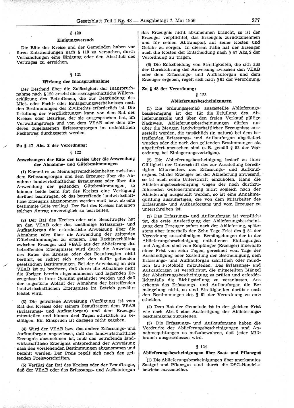 Gesetzblatt (GBl.) der Deutschen Demokratischen Republik (DDR) Teil Ⅰ 1956, Seite 377 (GBl. DDR Ⅰ 1956, S. 377)