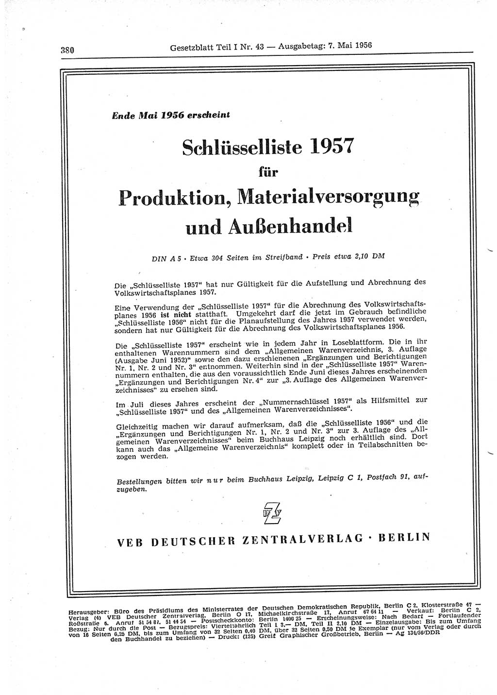 Gesetzblatt (GBl.) der Deutschen Demokratischen Republik (DDR) Teil Ⅰ 1956, Seite 380 (GBl. DDR Ⅰ 1956, S. 380)