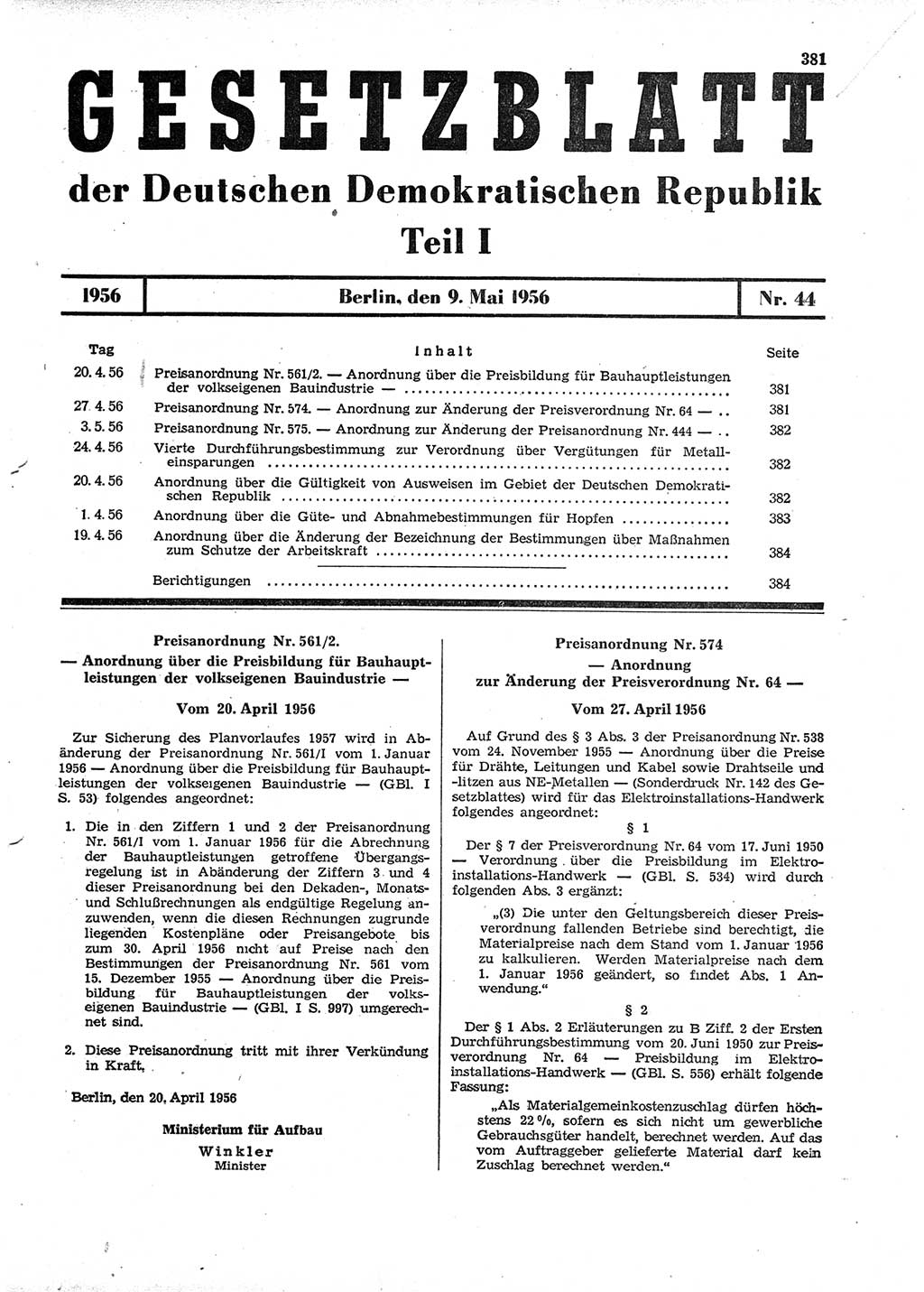 Gesetzblatt (GBl.) der Deutschen Demokratischen Republik (DDR) Teil Ⅰ 1956, Seite 381 (GBl. DDR Ⅰ 1956, S. 381)