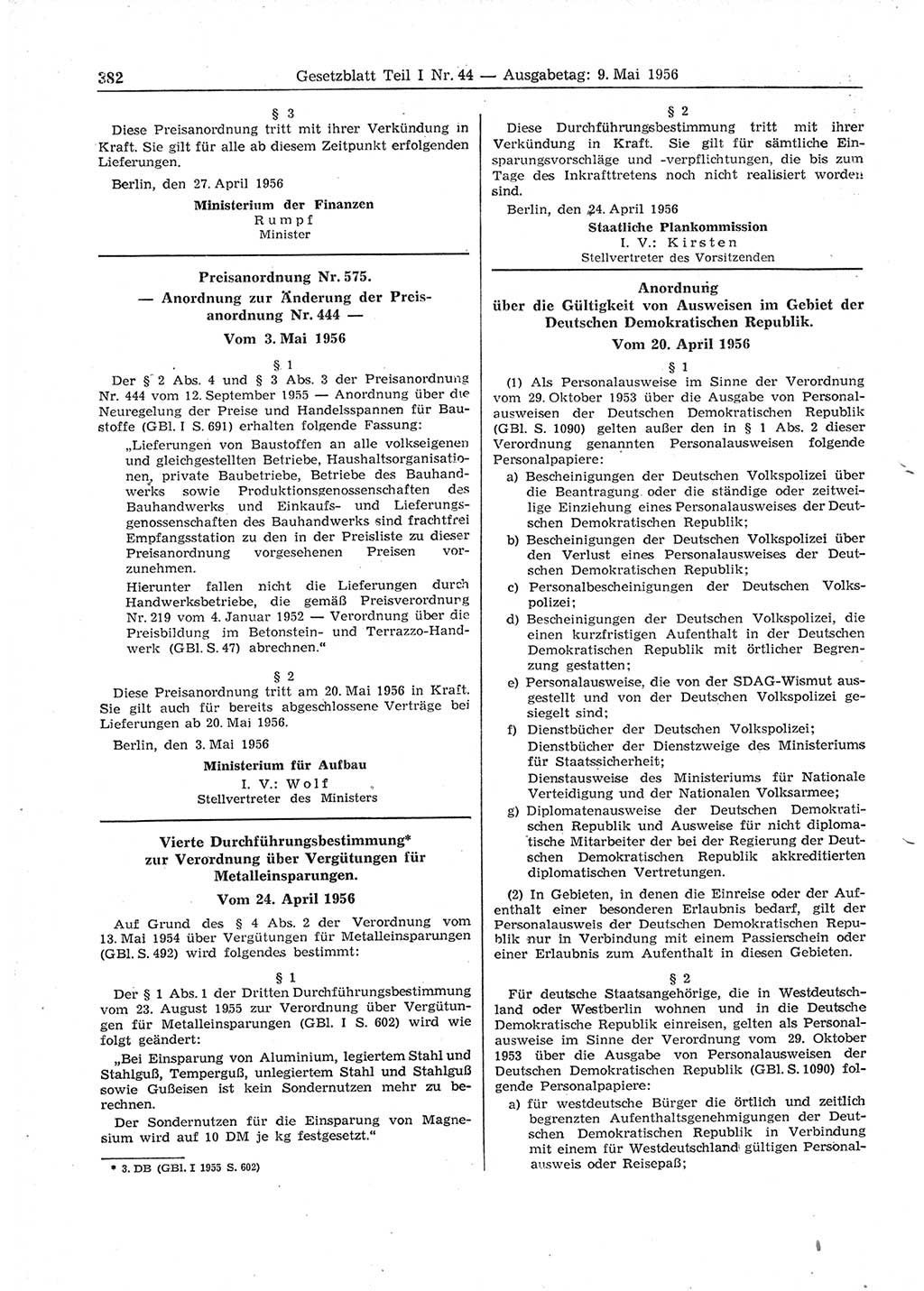 Gesetzblatt (GBl.) der Deutschen Demokratischen Republik (DDR) Teil Ⅰ 1956, Seite 382 (GBl. DDR Ⅰ 1956, S. 382)
