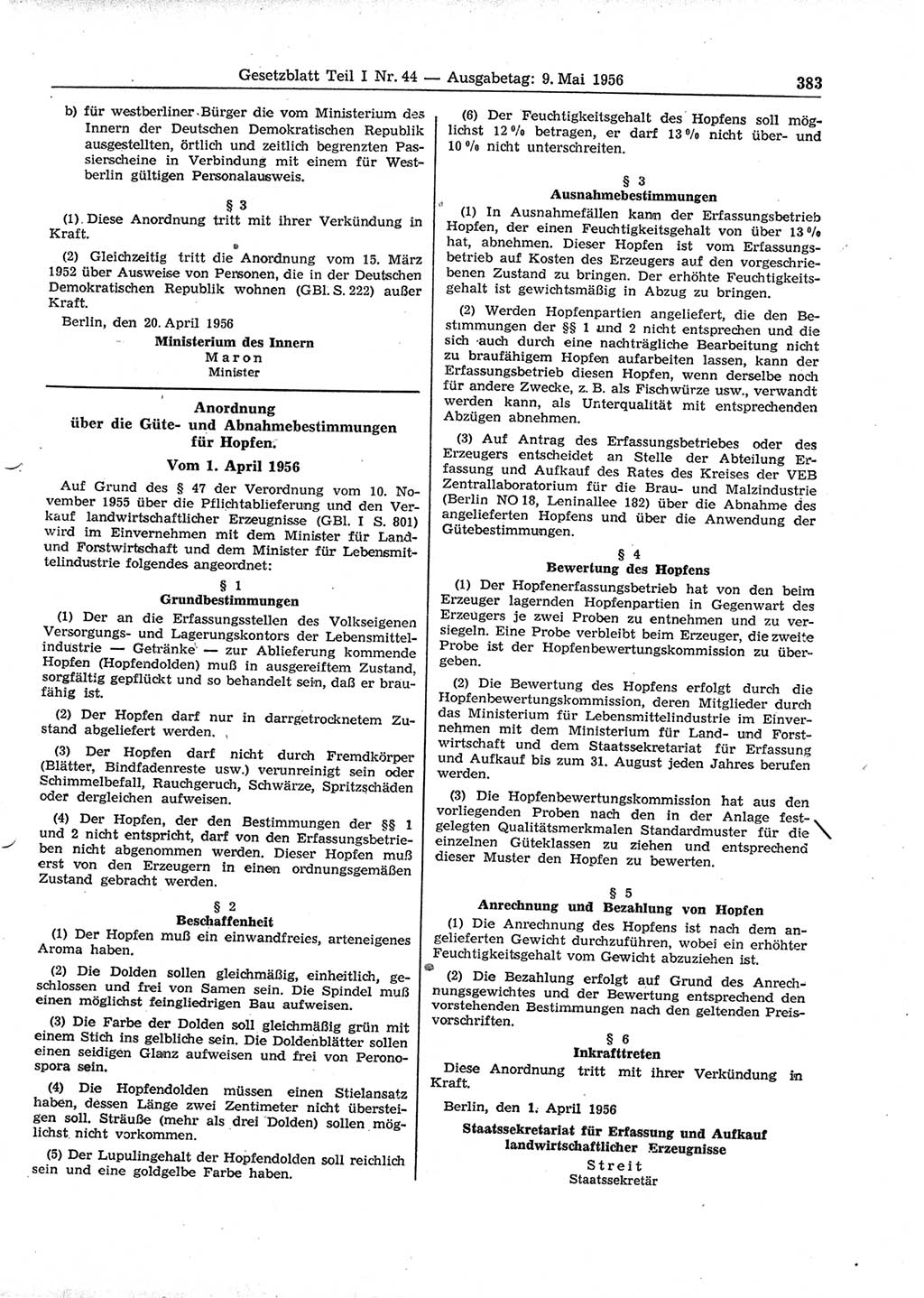 Gesetzblatt (GBl.) der Deutschen Demokratischen Republik (DDR) Teil Ⅰ 1956, Seite 383 (GBl. DDR Ⅰ 1956, S. 383)