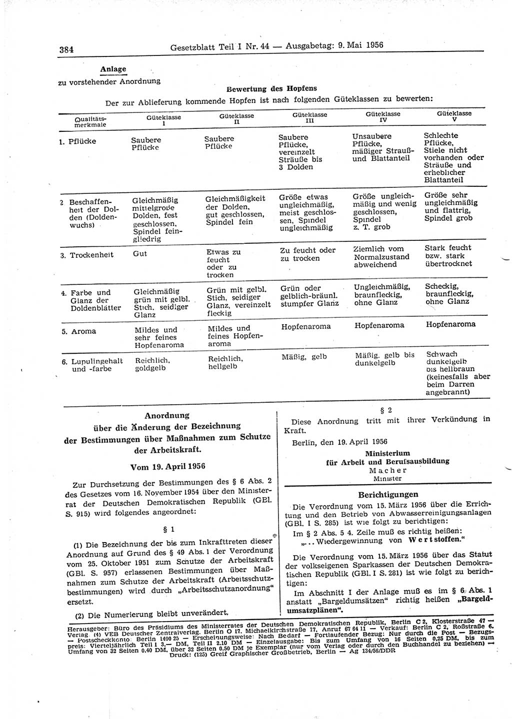 Gesetzblatt (GBl.) der Deutschen Demokratischen Republik (DDR) Teil Ⅰ 1956, Seite 384 (GBl. DDR Ⅰ 1956, S. 384)