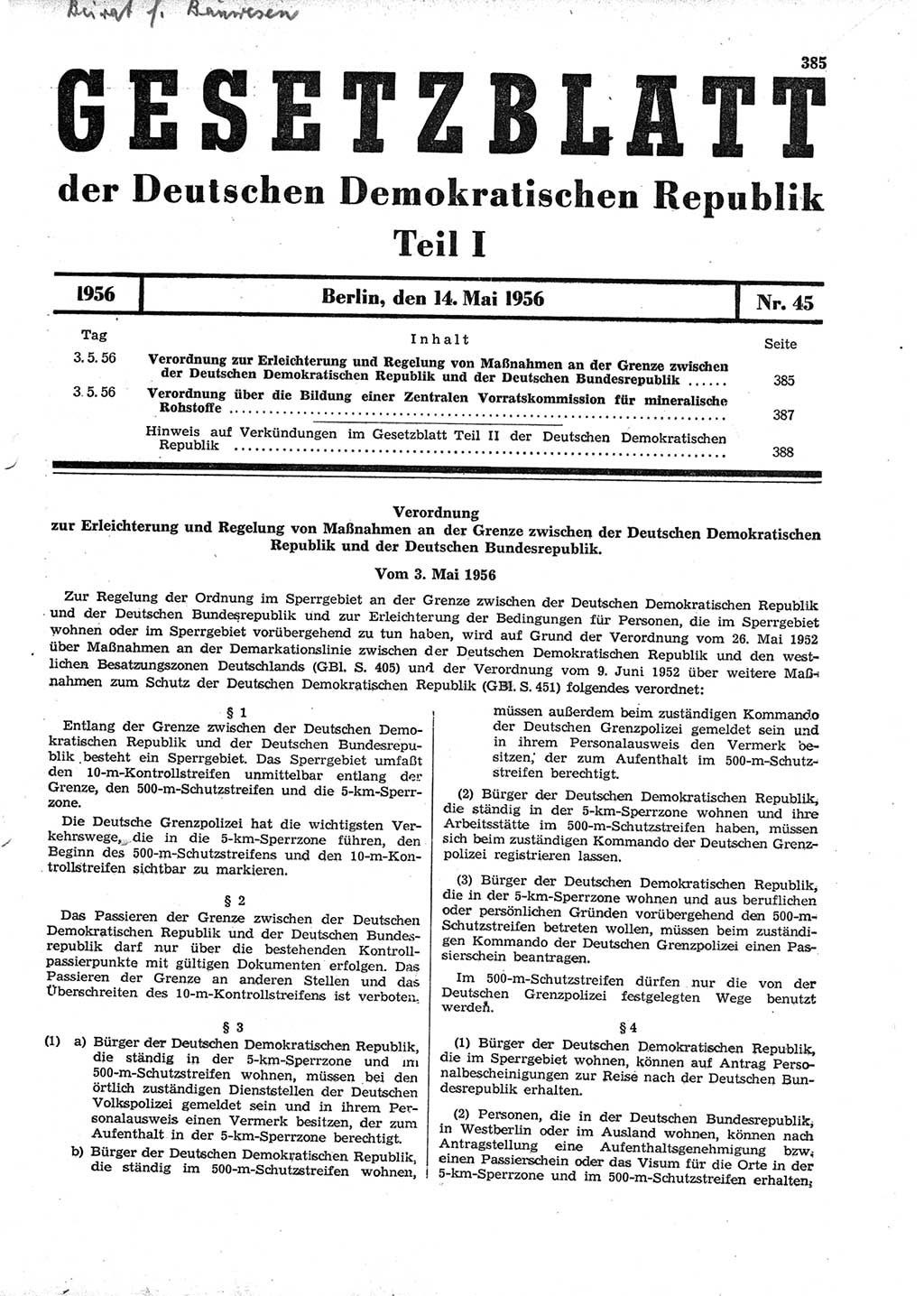 Gesetzblatt (GBl.) der Deutschen Demokratischen Republik (DDR) Teil Ⅰ 1956, Seite 385 (GBl. DDR Ⅰ 1956, S. 385)