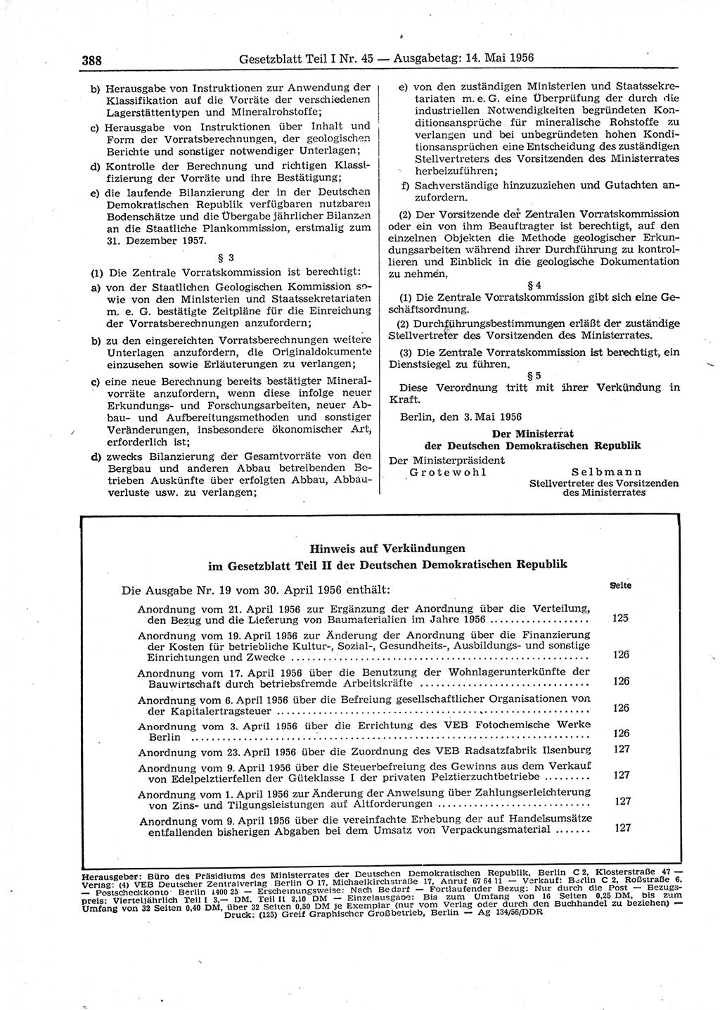 Gesetzblatt (GBl.) der Deutschen Demokratischen Republik (DDR) Teil Ⅰ 1956, Seite 388 (GBl. DDR Ⅰ 1956, S. 388)