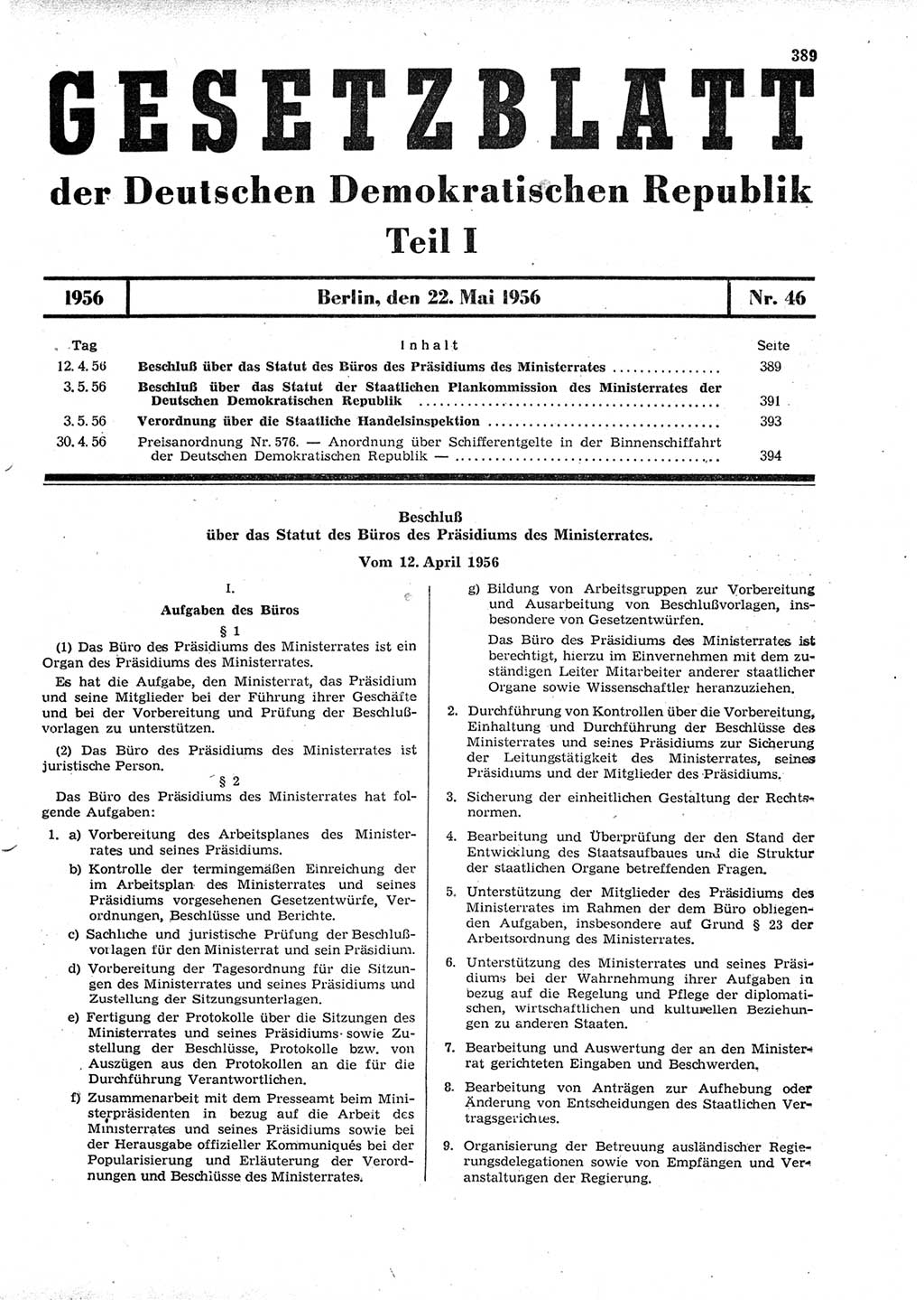Gesetzblatt (GBl.) der Deutschen Demokratischen Republik (DDR) Teil Ⅰ 1956, Seite 389 (GBl. DDR Ⅰ 1956, S. 389)