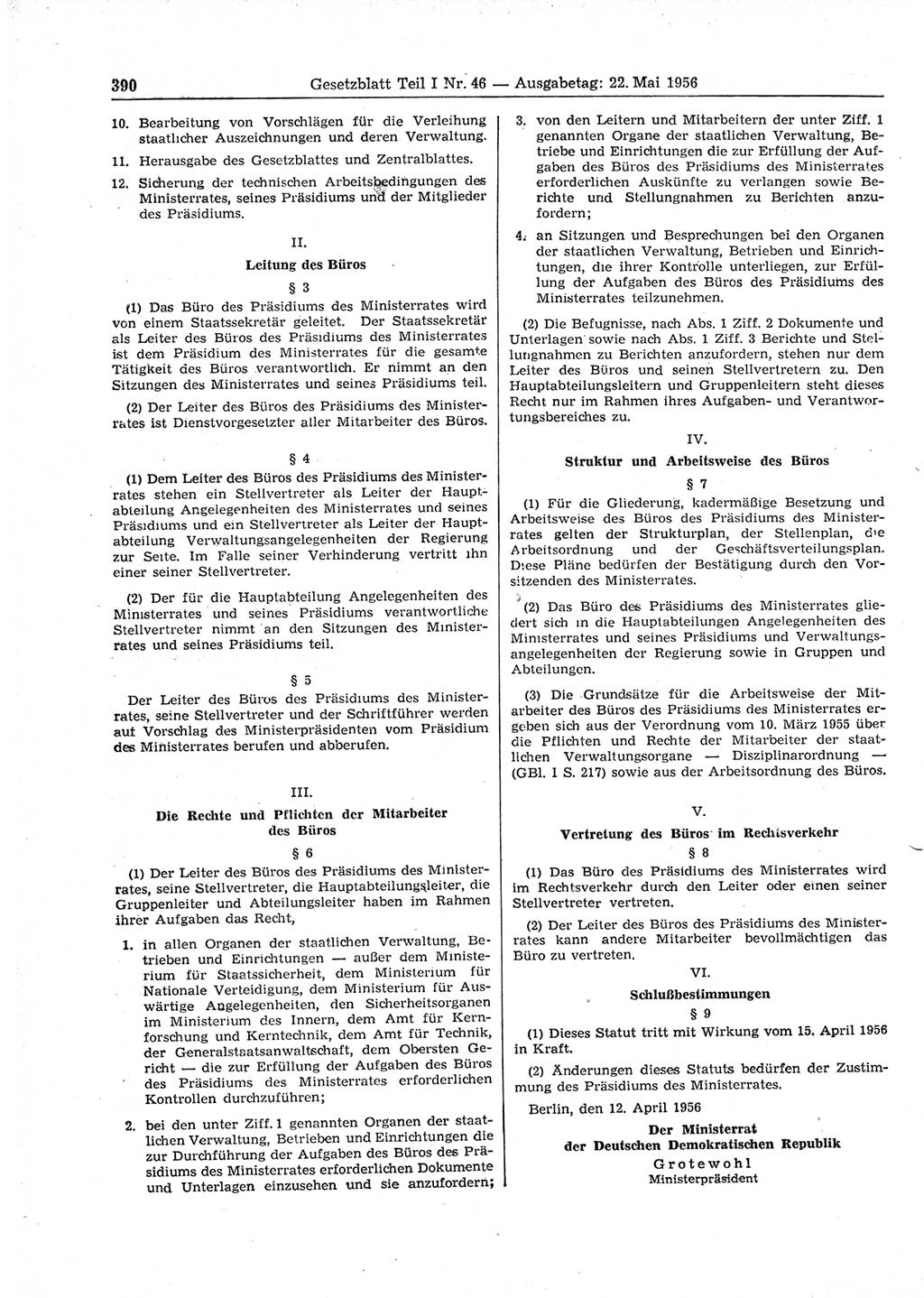 Gesetzblatt (GBl.) der Deutschen Demokratischen Republik (DDR) Teil Ⅰ 1956, Seite 390 (GBl. DDR Ⅰ 1956, S. 390)