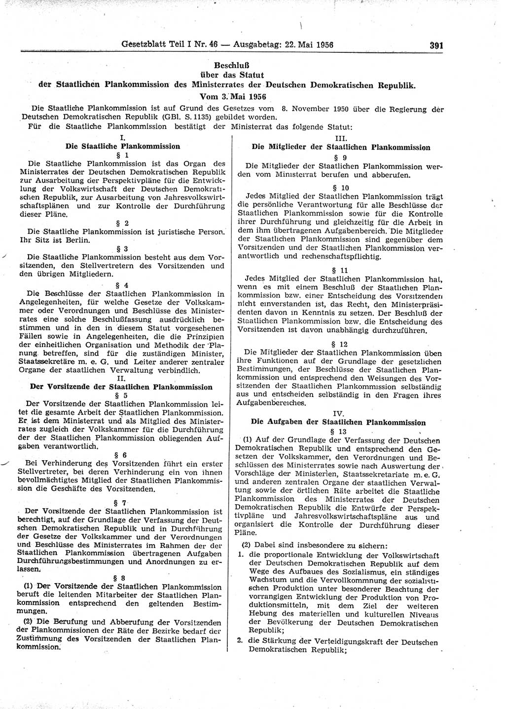 Gesetzblatt (GBl.) der Deutschen Demokratischen Republik (DDR) Teil Ⅰ 1956, Seite 391 (GBl. DDR Ⅰ 1956, S. 391)
