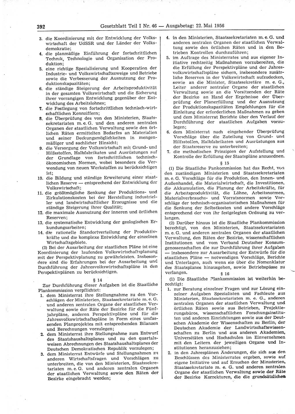 Gesetzblatt (GBl.) der Deutschen Demokratischen Republik (DDR) Teil Ⅰ 1956, Seite 392 (GBl. DDR Ⅰ 1956, S. 392)