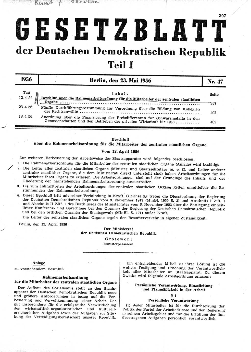 Gesetzblatt (GBl.) der Deutschen Demokratischen Republik (DDR) Teil Ⅰ 1956, Seite 397 (GBl. DDR Ⅰ 1956, S. 397)