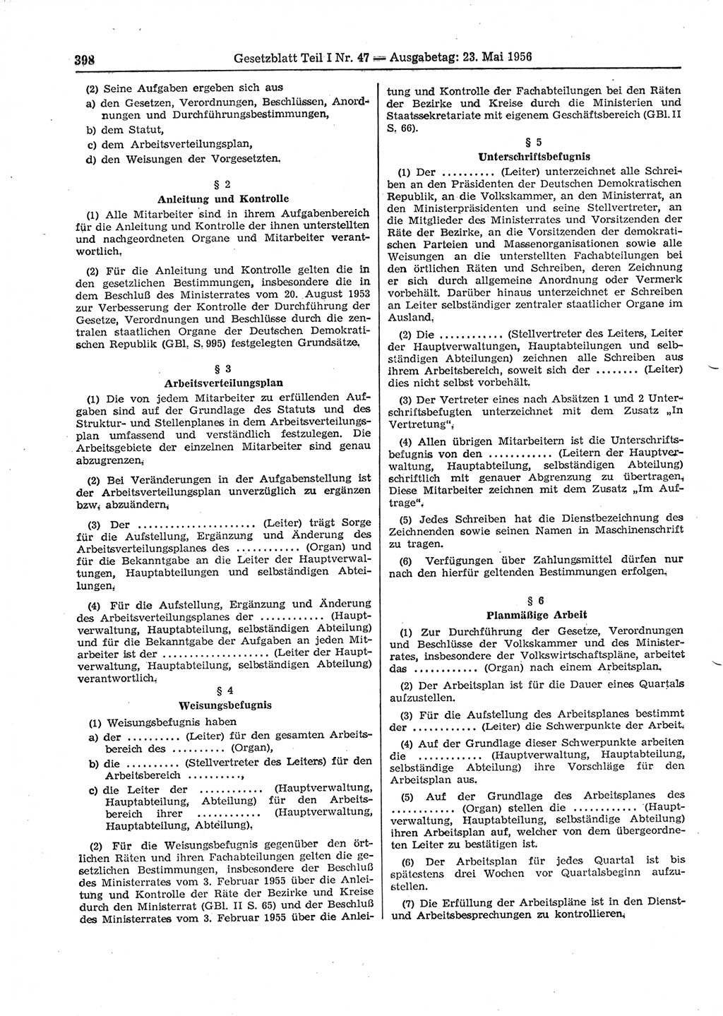 Gesetzblatt (GBl.) der Deutschen Demokratischen Republik (DDR) Teil Ⅰ 1956, Seite 398 (GBl. DDR Ⅰ 1956, S. 398)
