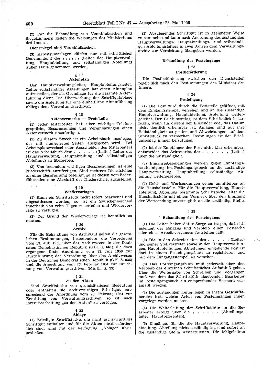 Gesetzblatt (GBl.) der Deutschen Demokratischen Republik (DDR) Teil Ⅰ 1956, Seite 400 (GBl. DDR Ⅰ 1956, S. 400)