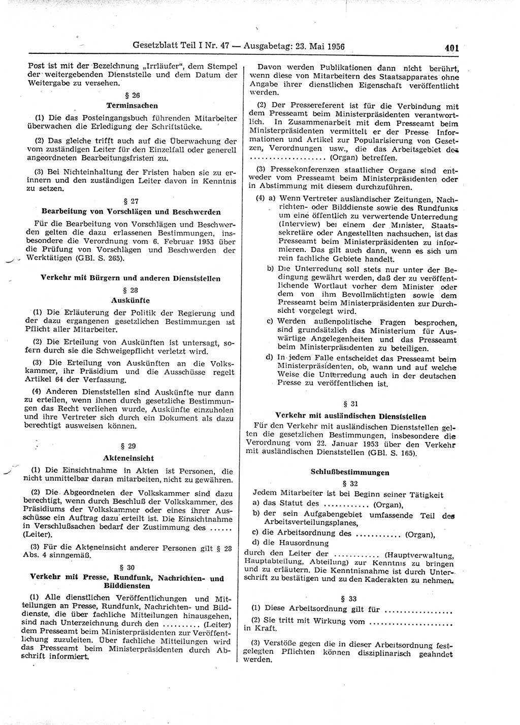 Gesetzblatt (GBl.) der Deutschen Demokratischen Republik (DDR) Teil Ⅰ 1956, Seite 401 (GBl. DDR Ⅰ 1956, S. 401)