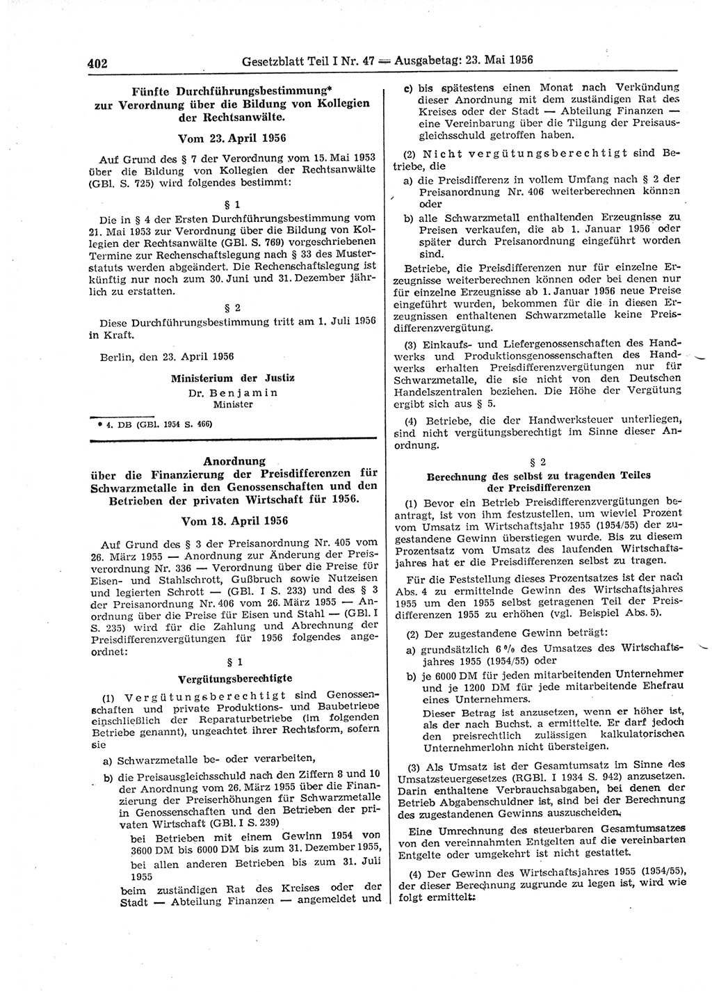 Gesetzblatt (GBl.) der Deutschen Demokratischen Republik (DDR) Teil Ⅰ 1956, Seite 402 (GBl. DDR Ⅰ 1956, S. 402)
