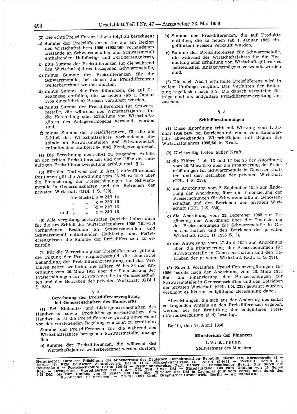 Gesetzblatt (GBl.) der Deutschen Demokratischen Republik (DDR) Teil Ⅰ 1956, Seite 404 (GBl. DDR Ⅰ 1956, S. 404)