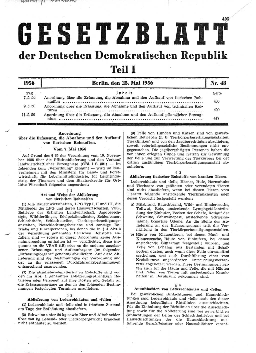 Gesetzblatt (GBl.) der Deutschen Demokratischen Republik (DDR) Teil Ⅰ 1956, Seite 405 (GBl. DDR Ⅰ 1956, S. 405)