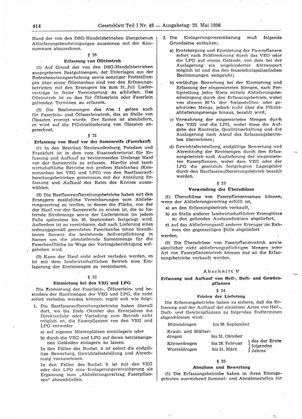 Gesetzblatt (GBl.) der Deutschen Demokratischen Republik (DDR) Teil Ⅰ 1956, Seite 414 (GBl. DDR Ⅰ 1956, S. 414)