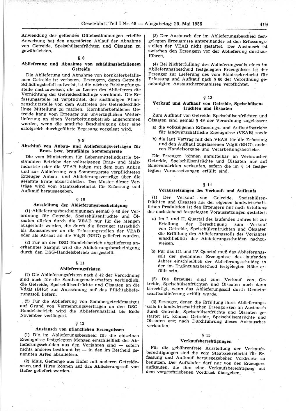 Gesetzblatt (GBl.) der Deutschen Demokratischen Republik (DDR) Teil Ⅰ 1956, Seite 419 (GBl. DDR Ⅰ 1956, S. 419)