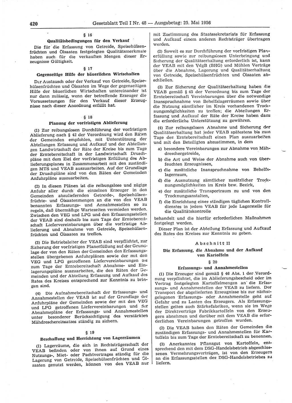 Gesetzblatt (GBl.) der Deutschen Demokratischen Republik (DDR) Teil Ⅰ 1956, Seite 420 (GBl. DDR Ⅰ 1956, S. 420)