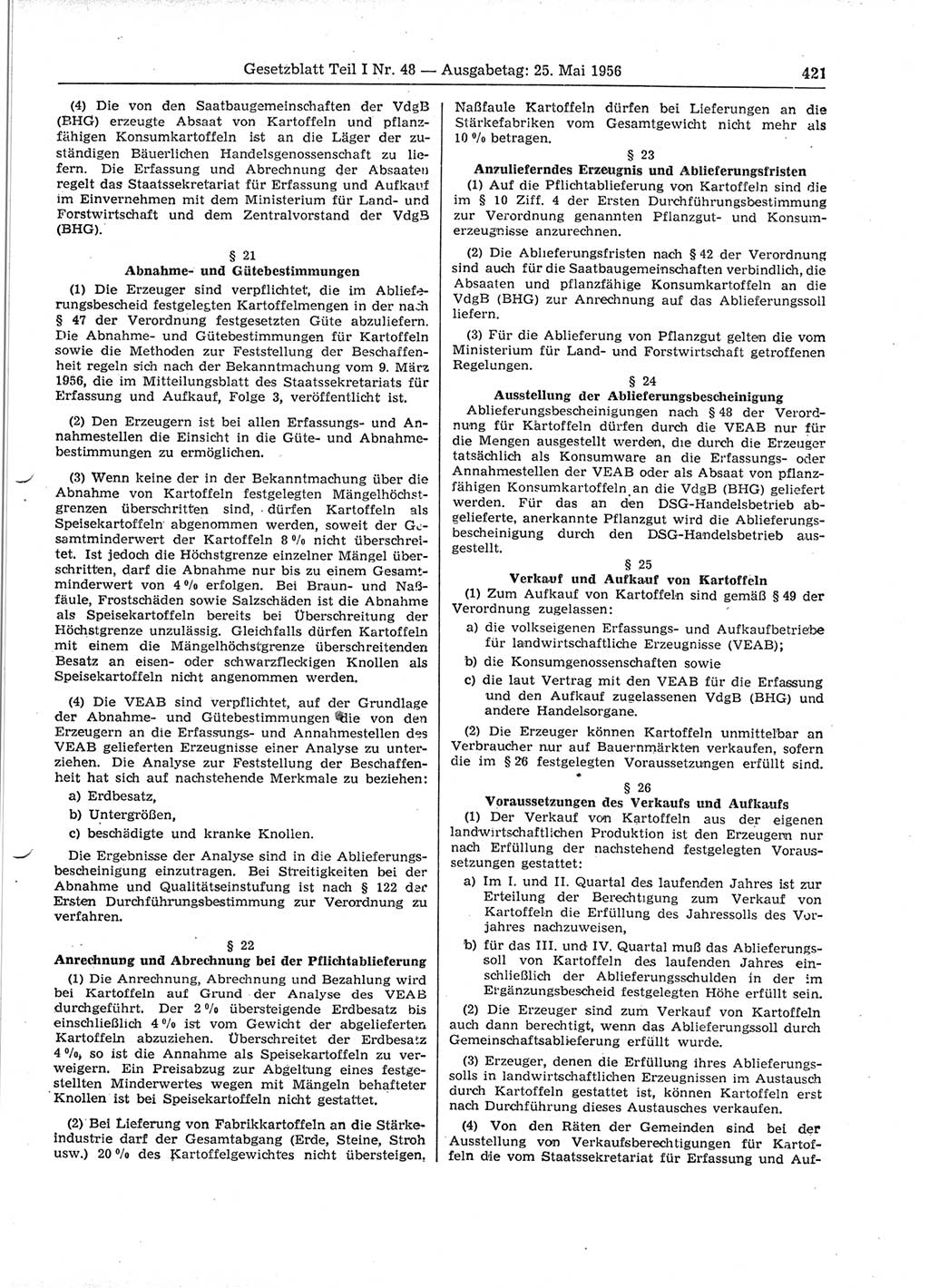 Gesetzblatt (GBl.) der Deutschen Demokratischen Republik (DDR) Teil Ⅰ 1956, Seite 421 (GBl. DDR Ⅰ 1956, S. 421)