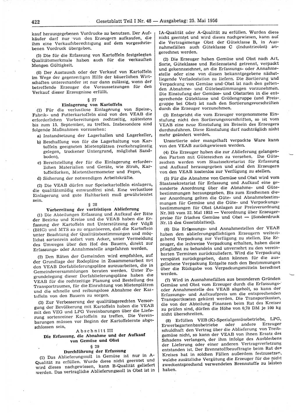 Gesetzblatt (GBl.) der Deutschen Demokratischen Republik (DDR) Teil Ⅰ 1956, Seite 422 (GBl. DDR Ⅰ 1956, S. 422)