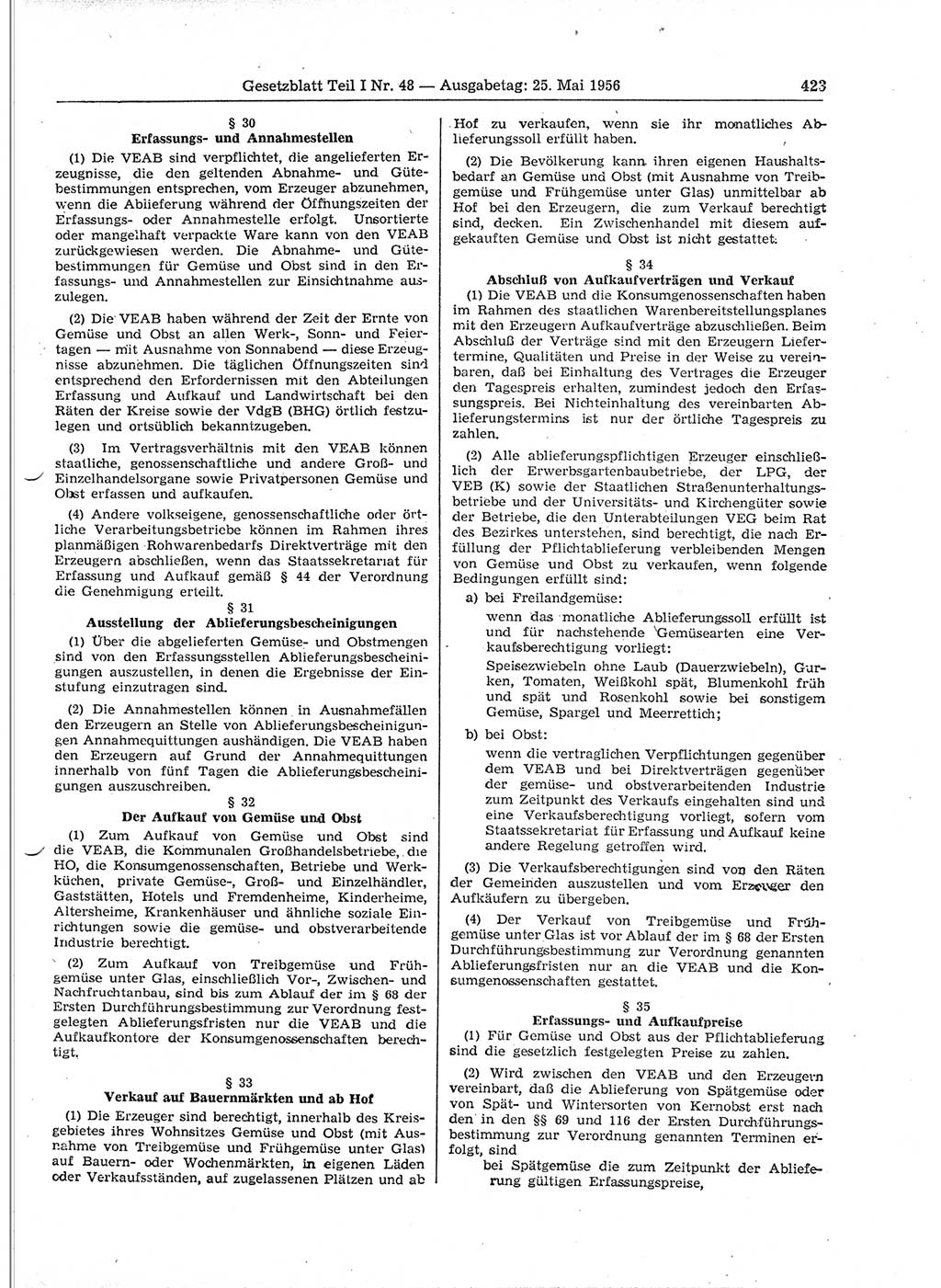 Gesetzblatt (GBl.) der Deutschen Demokratischen Republik (DDR) Teil Ⅰ 1956, Seite 423 (GBl. DDR Ⅰ 1956, S. 423)