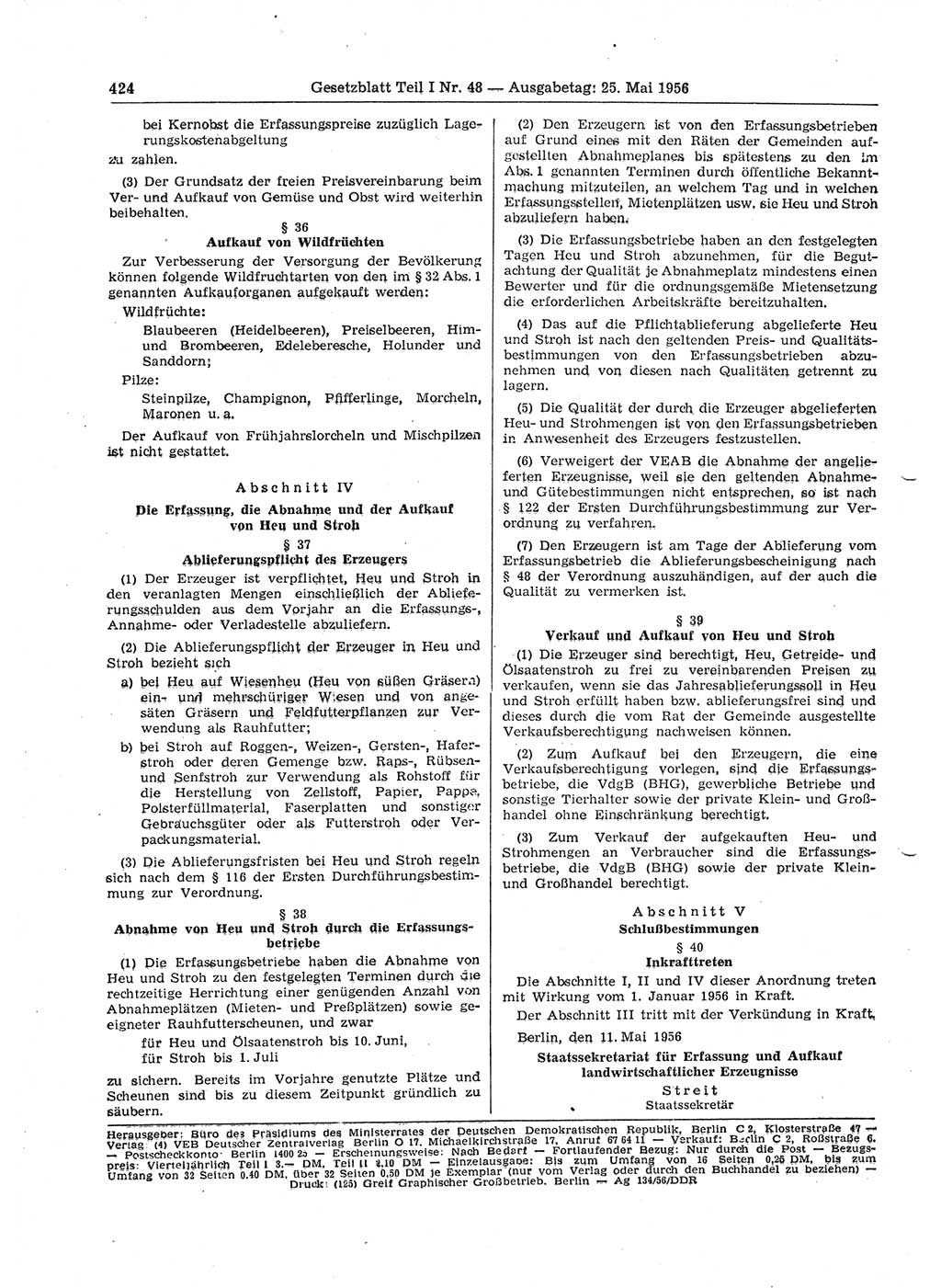 Gesetzblatt (GBl.) der Deutschen Demokratischen Republik (DDR) Teil Ⅰ 1956, Seite 424 (GBl. DDR Ⅰ 1956, S. 424)