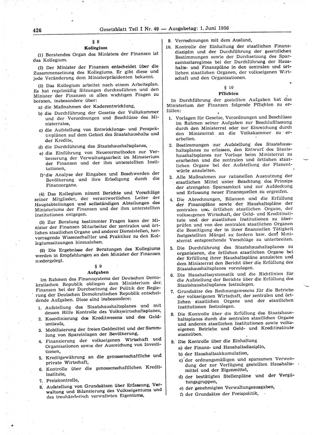 Gesetzblatt (GBl.) der Deutschen Demokratischen Republik (DDR) Teil Ⅰ 1956, Seite 426 (GBl. DDR Ⅰ 1956, S. 426)