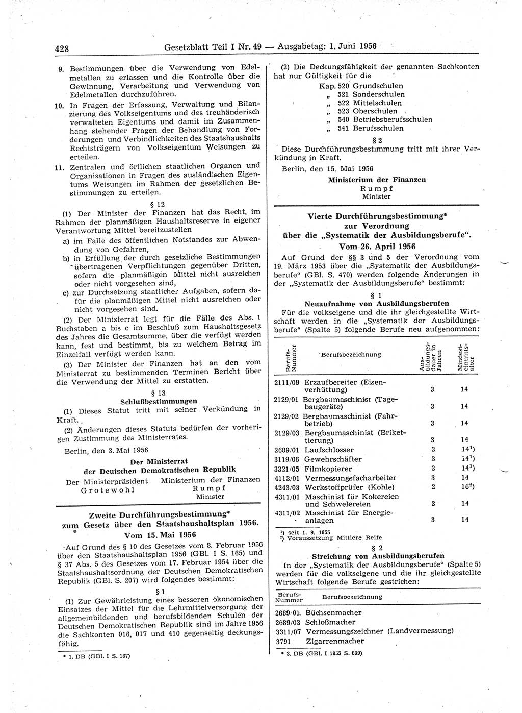 Gesetzblatt (GBl.) der Deutschen Demokratischen Republik (DDR) Teil Ⅰ 1956, Seite 428 (GBl. DDR Ⅰ 1956, S. 428)