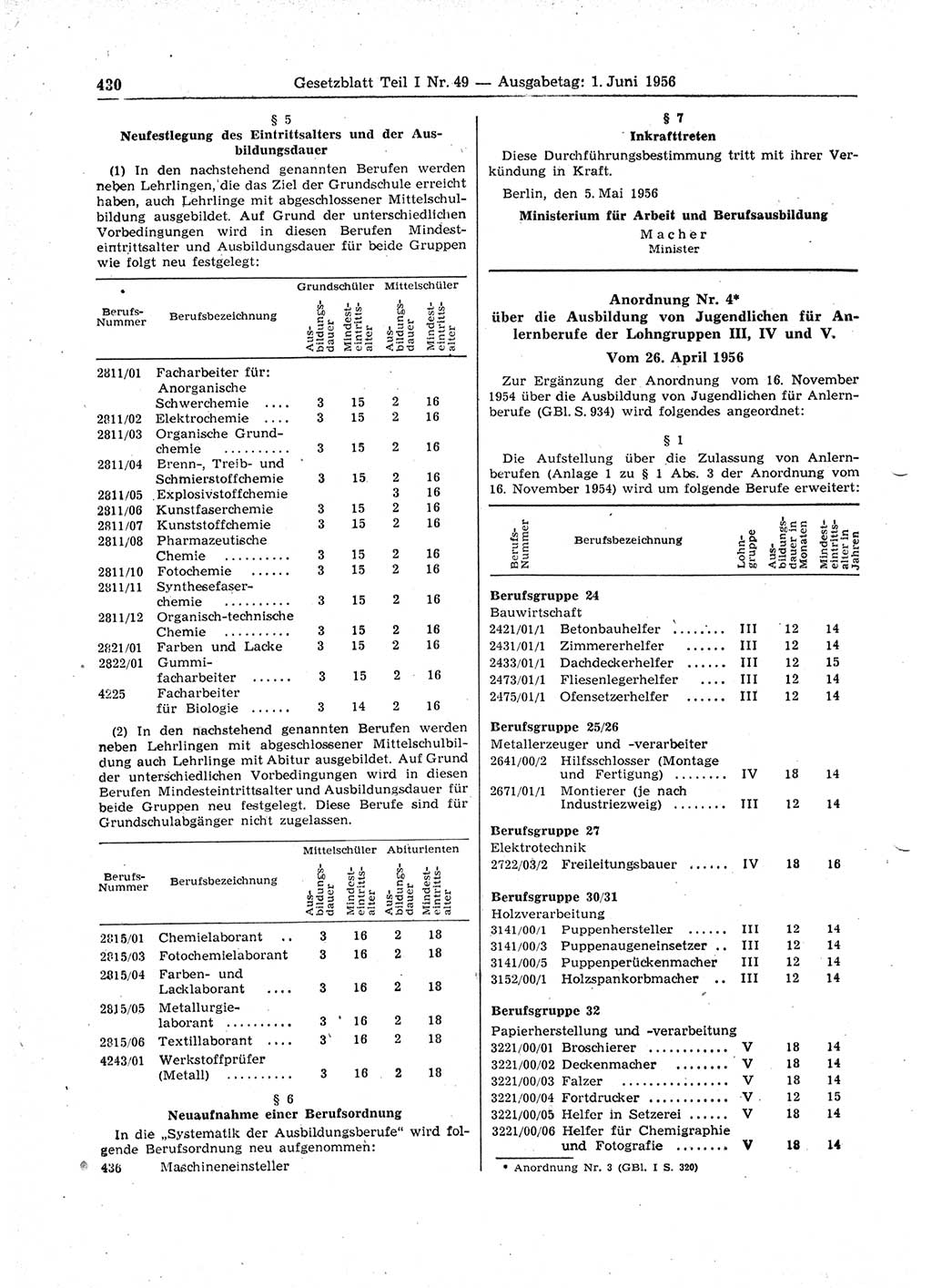 Gesetzblatt (GBl.) der Deutschen Demokratischen Republik (DDR) Teil Ⅰ 1956, Seite 430 (GBl. DDR Ⅰ 1956, S. 430)