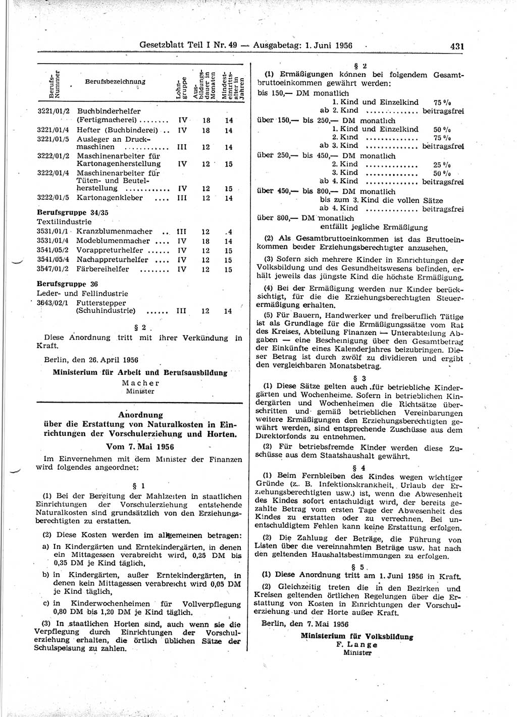 Gesetzblatt (GBl.) der Deutschen Demokratischen Republik (DDR) Teil Ⅰ 1956, Seite 431 (GBl. DDR Ⅰ 1956, S. 431)
