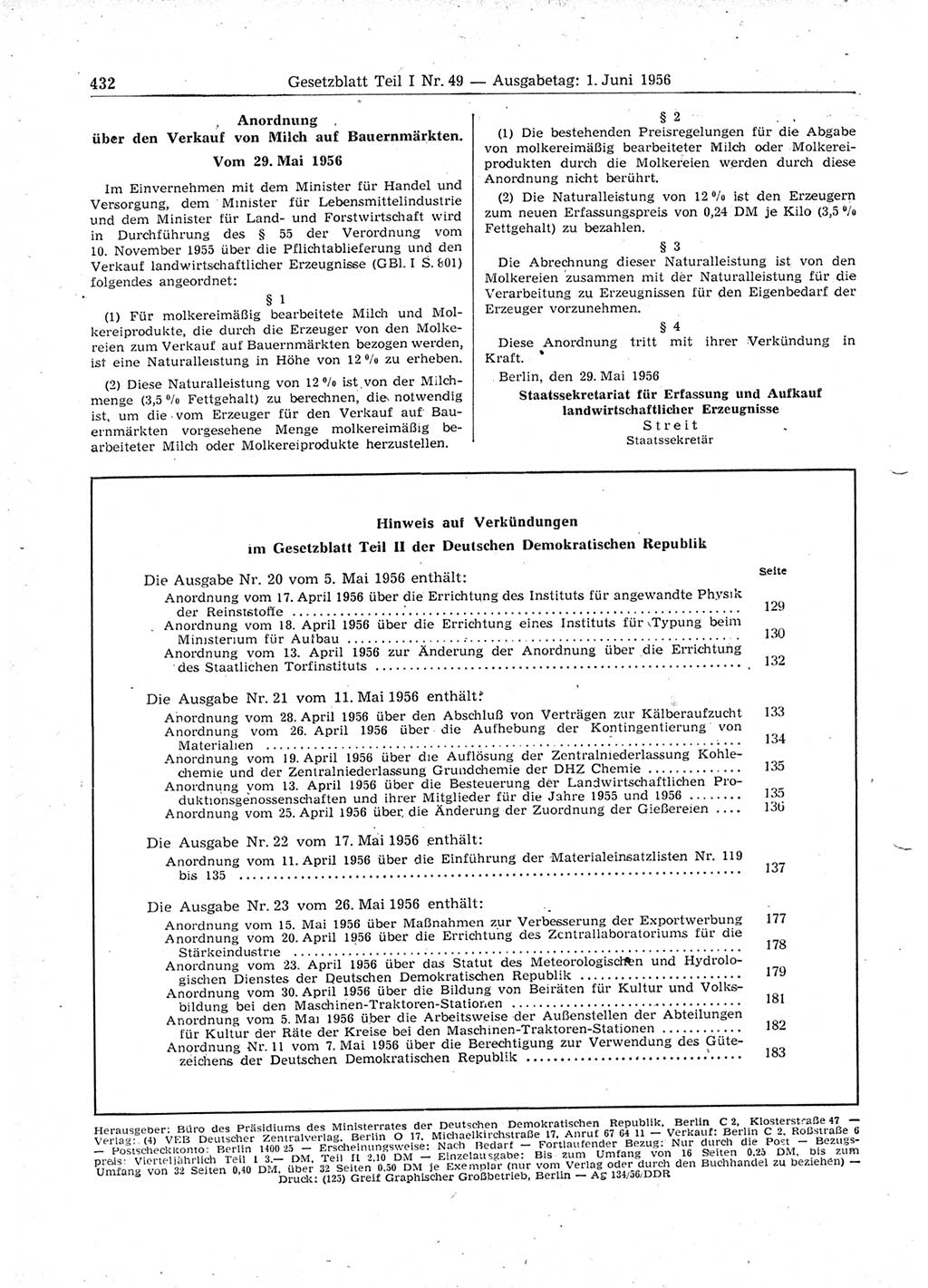 Gesetzblatt (GBl.) der Deutschen Demokratischen Republik (DDR) Teil Ⅰ 1956, Seite 432 (GBl. DDR Ⅰ 1956, S. 432)