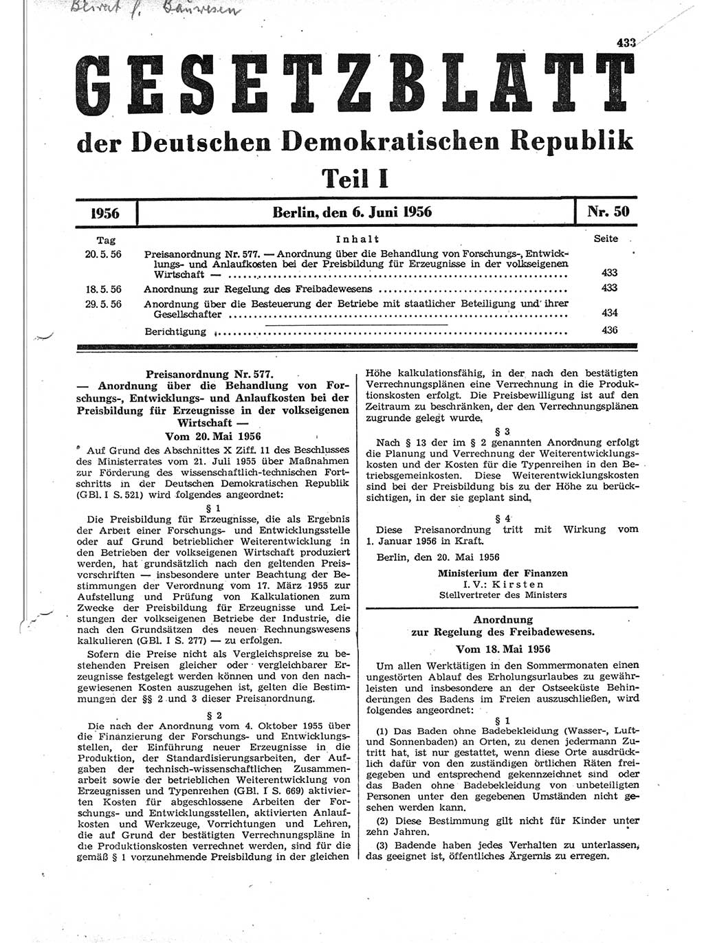 Gesetzblatt (GBl.) der Deutschen Demokratischen Republik (DDR) Teil Ⅰ 1956, Seite 433 (GBl. DDR Ⅰ 1956, S. 433)