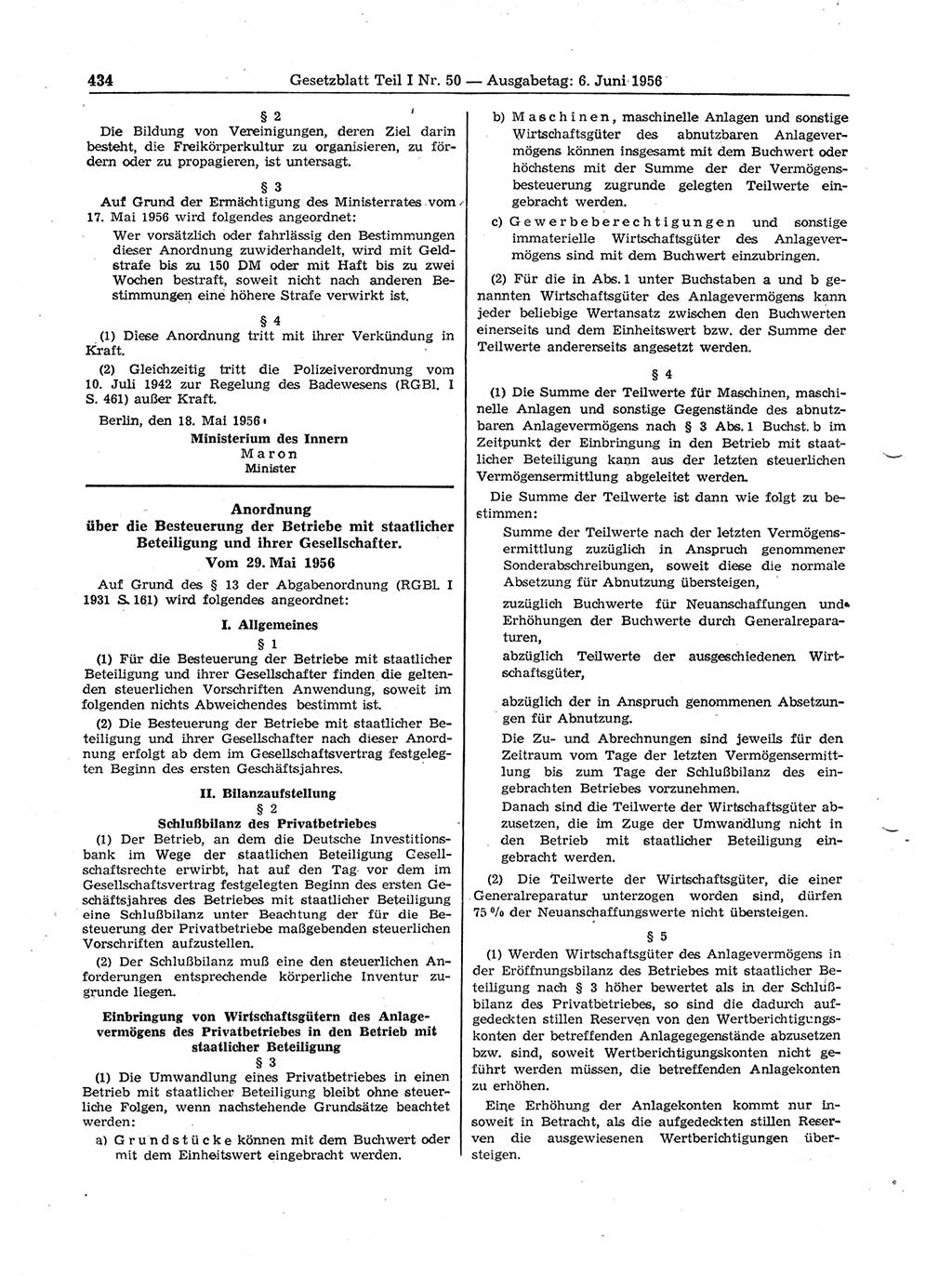 Gesetzblatt (GBl.) der Deutschen Demokratischen Republik (DDR) Teil Ⅰ 1956, Seite 434 (GBl. DDR Ⅰ 1956, S. 434)