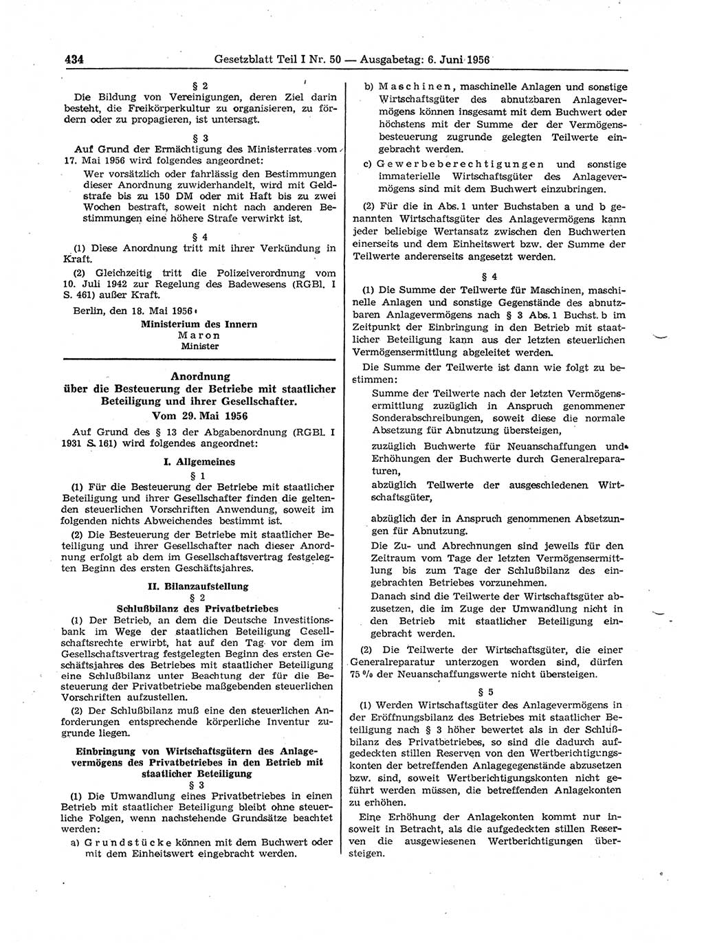 Gesetzblatt (GBl.) der Deutschen Demokratischen Republik (DDR) Teil Ⅰ 1956, Seite 434 (GBl. DDR Ⅰ 1956, S. 434)