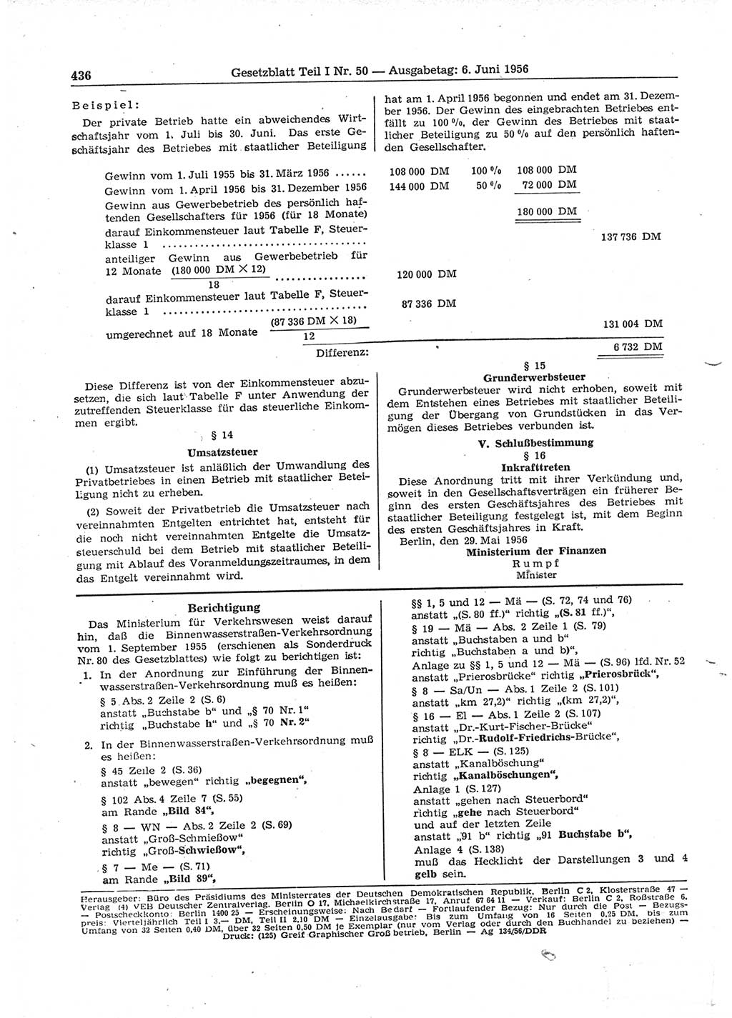 Gesetzblatt (GBl.) der Deutschen Demokratischen Republik (DDR) Teil Ⅰ 1956, Seite 436 (GBl. DDR Ⅰ 1956, S. 436)