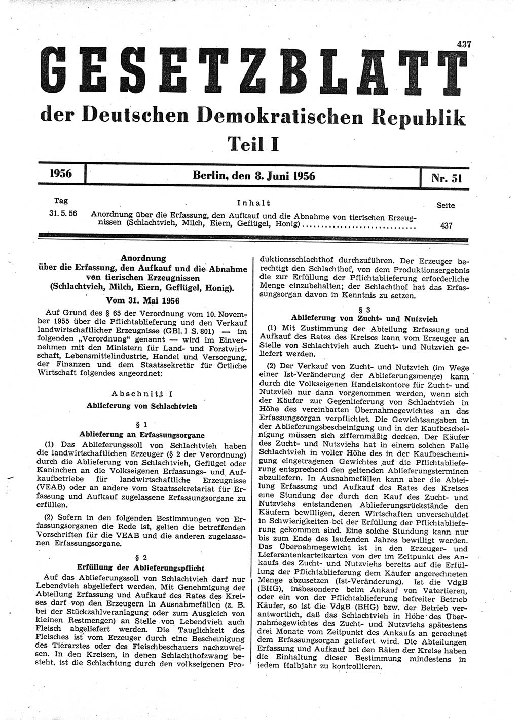 Gesetzblatt (GBl.) der Deutschen Demokratischen Republik (DDR) Teil Ⅰ 1956, Seite 437 (GBl. DDR Ⅰ 1956, S. 437)