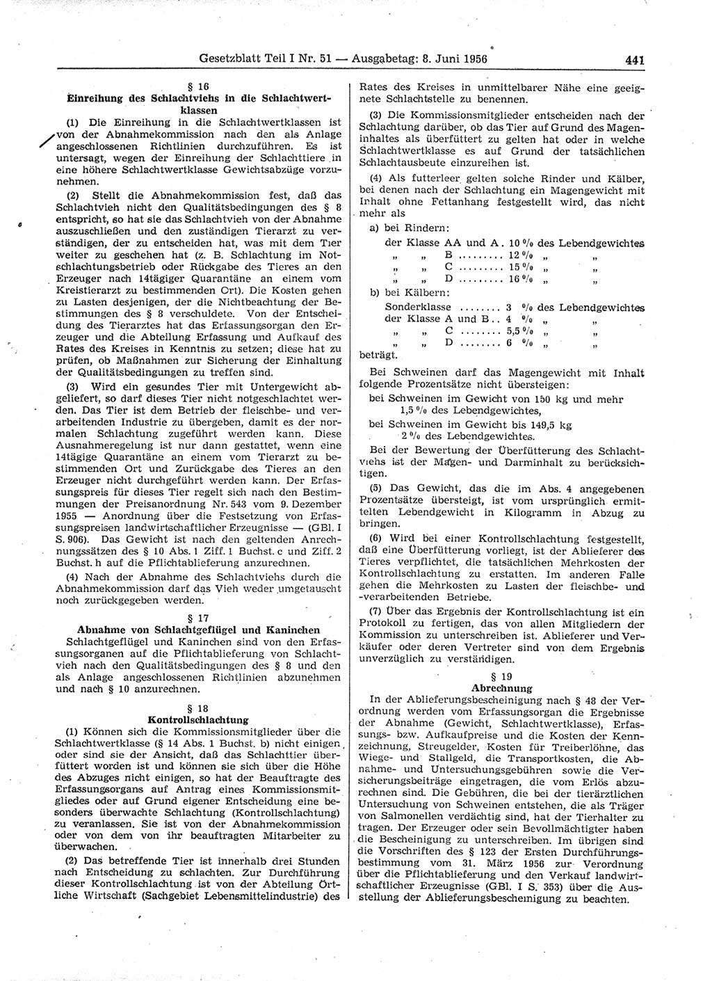 Gesetzblatt (GBl.) der Deutschen Demokratischen Republik (DDR) Teil Ⅰ 1956, Seite 441 (GBl. DDR Ⅰ 1956, S. 441)