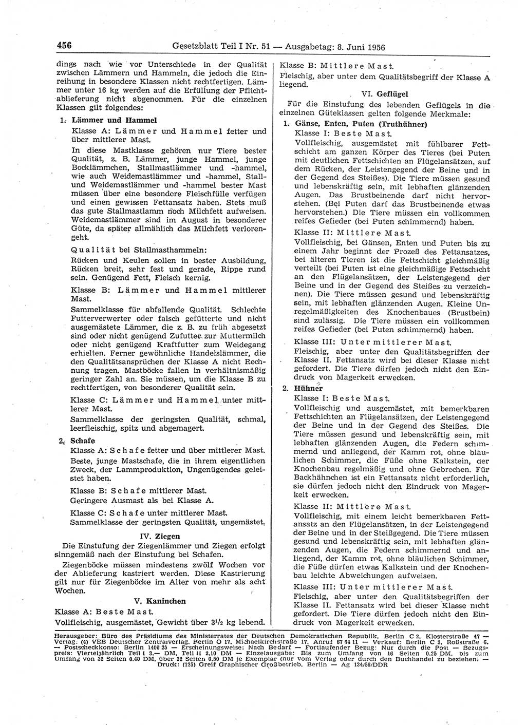 Gesetzblatt (GBl.) der Deutschen Demokratischen Republik (DDR) Teil Ⅰ 1956, Seite 456 (GBl. DDR Ⅰ 1956, S. 456)