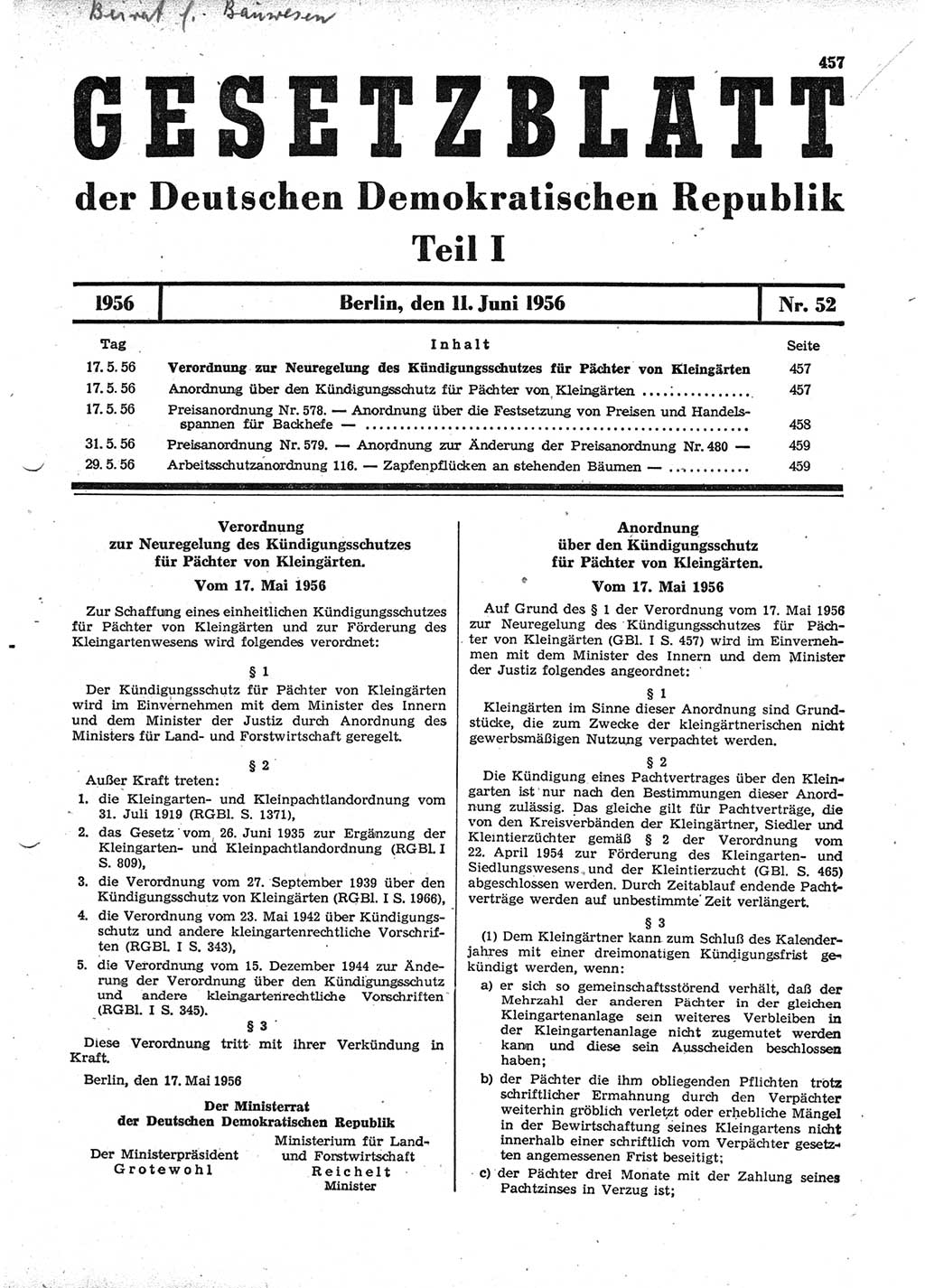 Gesetzblatt (GBl.) der Deutschen Demokratischen Republik (DDR) Teil Ⅰ 1956, Seite 457 (GBl. DDR Ⅰ 1956, S. 457)