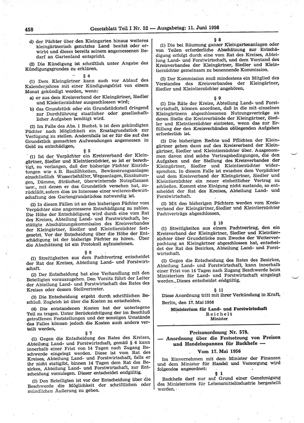 Gesetzblatt (GBl.) der Deutschen Demokratischen Republik (DDR) Teil Ⅰ 1956, Seite 458 (GBl. DDR Ⅰ 1956, S. 458)
