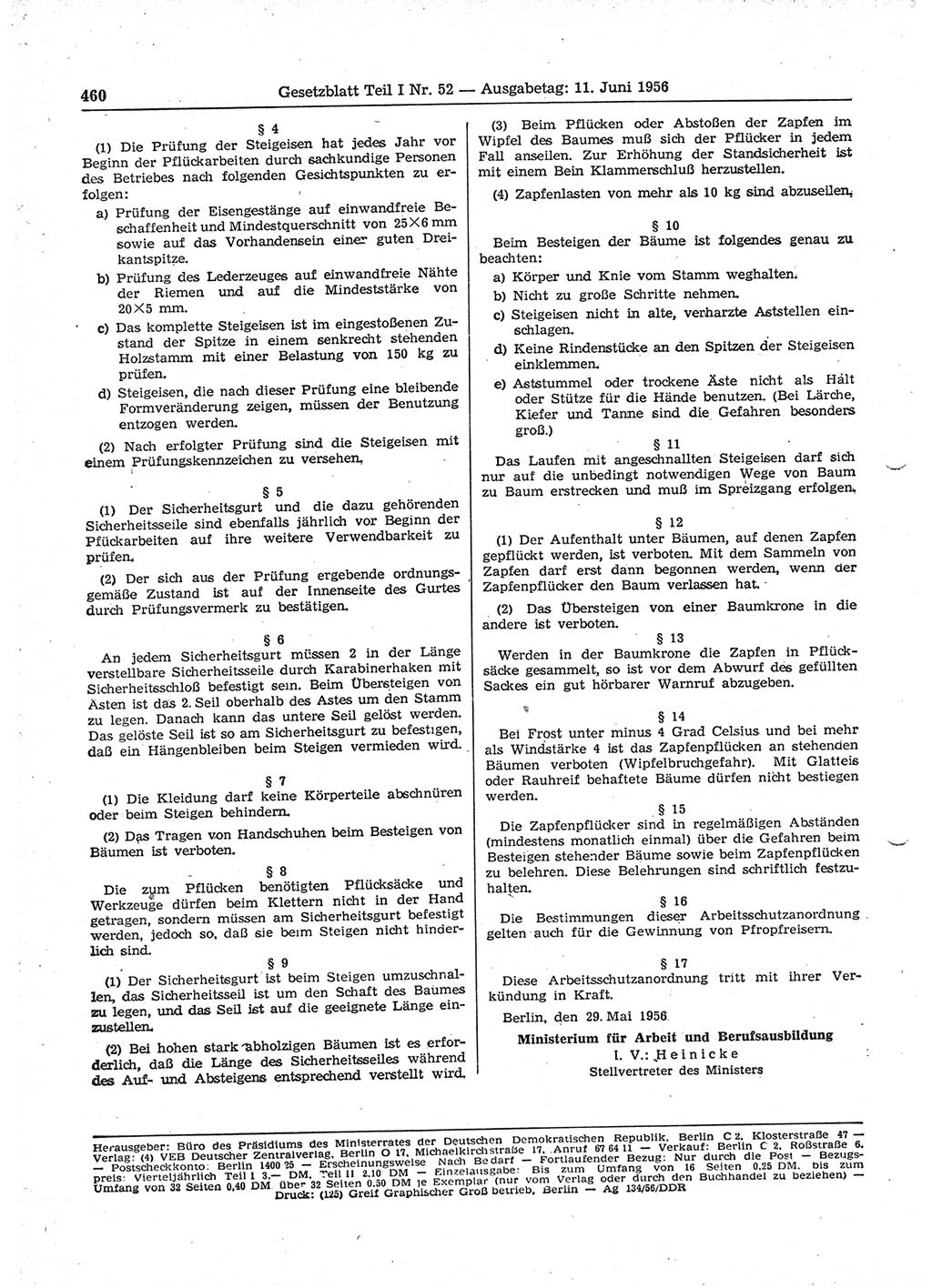 Gesetzblatt (GBl.) der Deutschen Demokratischen Republik (DDR) Teil Ⅰ 1956, Seite 460 (GBl. DDR Ⅰ 1956, S. 460)