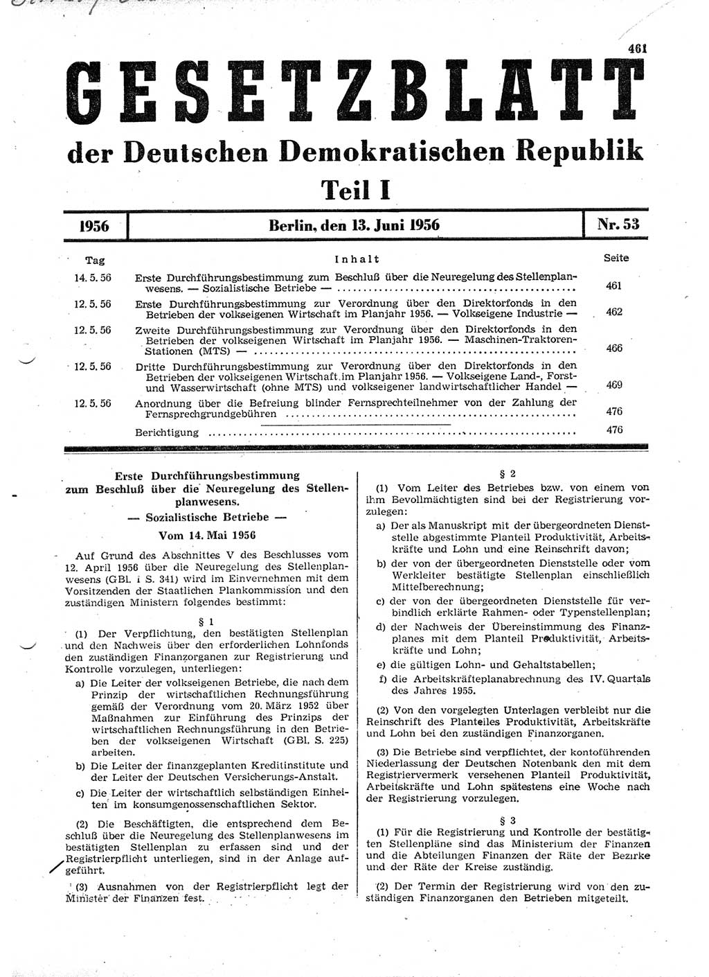 Gesetzblatt (GBl.) der Deutschen Demokratischen Republik (DDR) Teil Ⅰ 1956, Seite 461 (GBl. DDR Ⅰ 1956, S. 461)