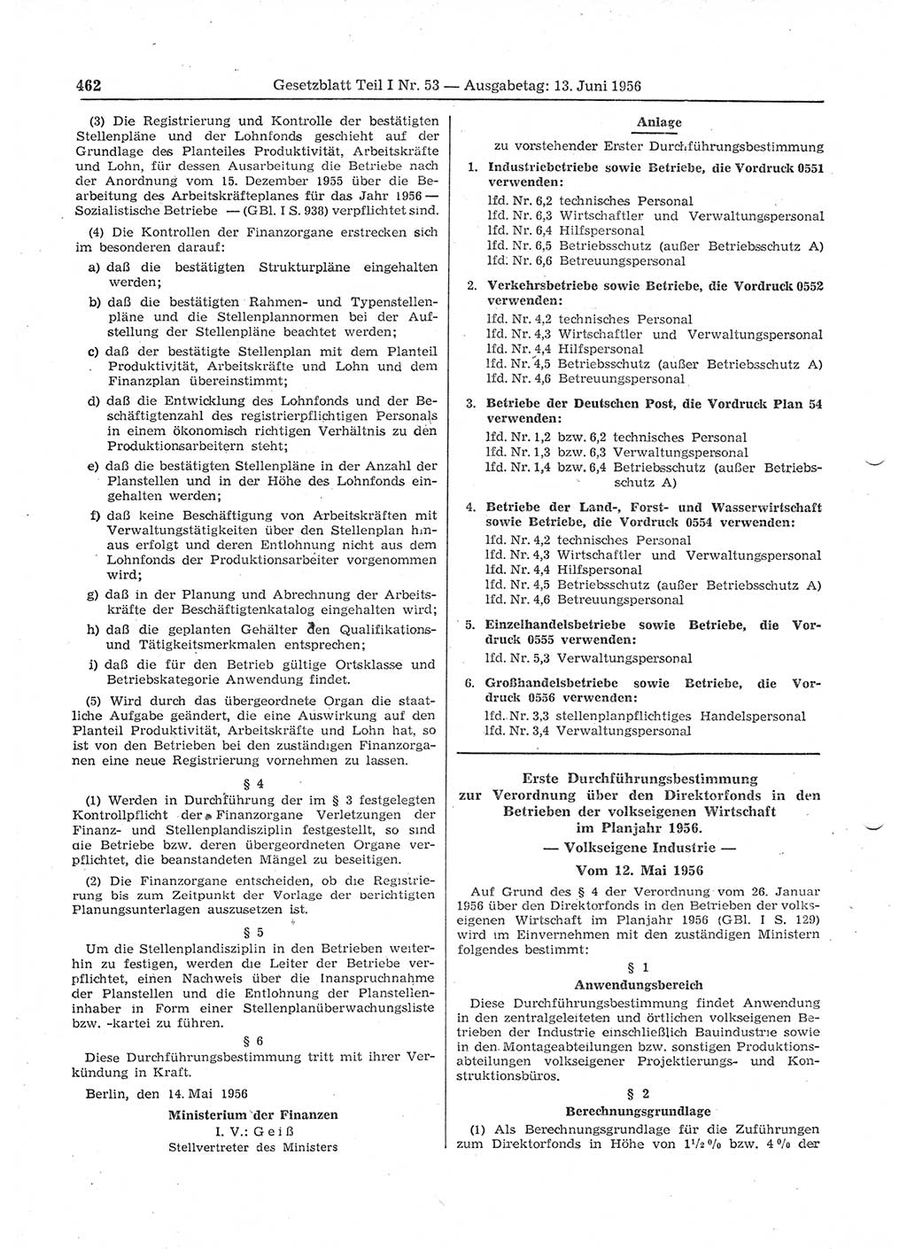 Gesetzblatt (GBl.) der Deutschen Demokratischen Republik (DDR) Teil Ⅰ 1956, Seite 462 (GBl. DDR Ⅰ 1956, S. 462)