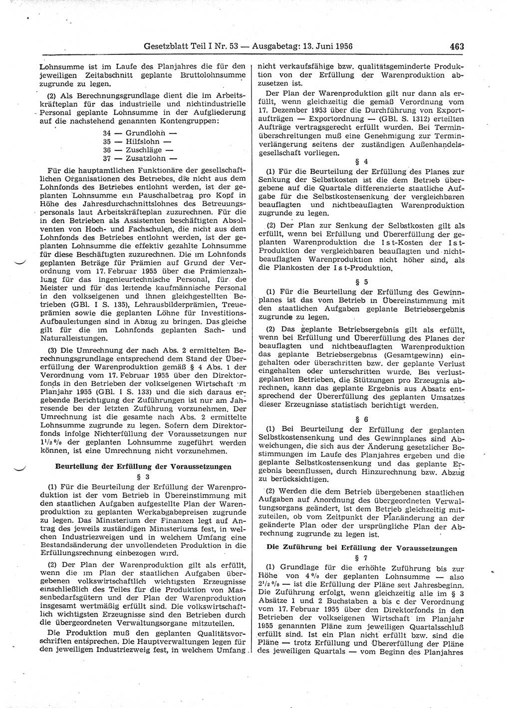Gesetzblatt (GBl.) der Deutschen Demokratischen Republik (DDR) Teil Ⅰ 1956, Seite 463 (GBl. DDR Ⅰ 1956, S. 463)