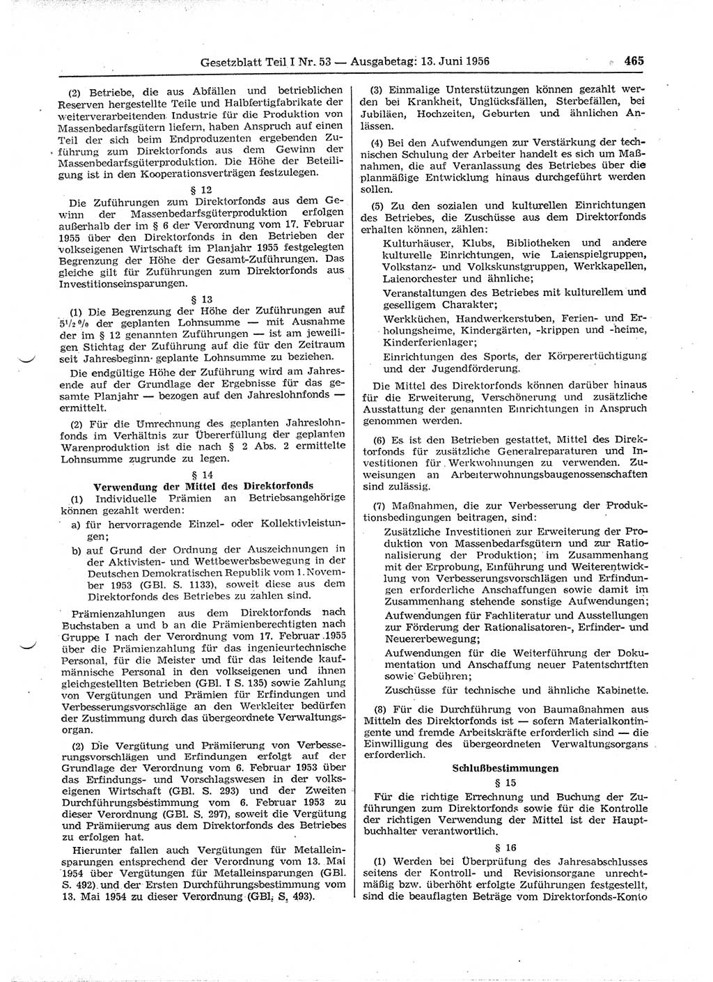 Gesetzblatt (GBl.) der Deutschen Demokratischen Republik (DDR) Teil Ⅰ 1956, Seite 465 (GBl. DDR Ⅰ 1956, S. 465)