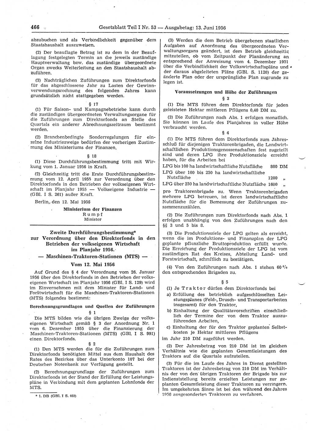 Gesetzblatt (GBl.) der Deutschen Demokratischen Republik (DDR) Teil Ⅰ 1956, Seite 466 (GBl. DDR Ⅰ 1956, S. 466)
