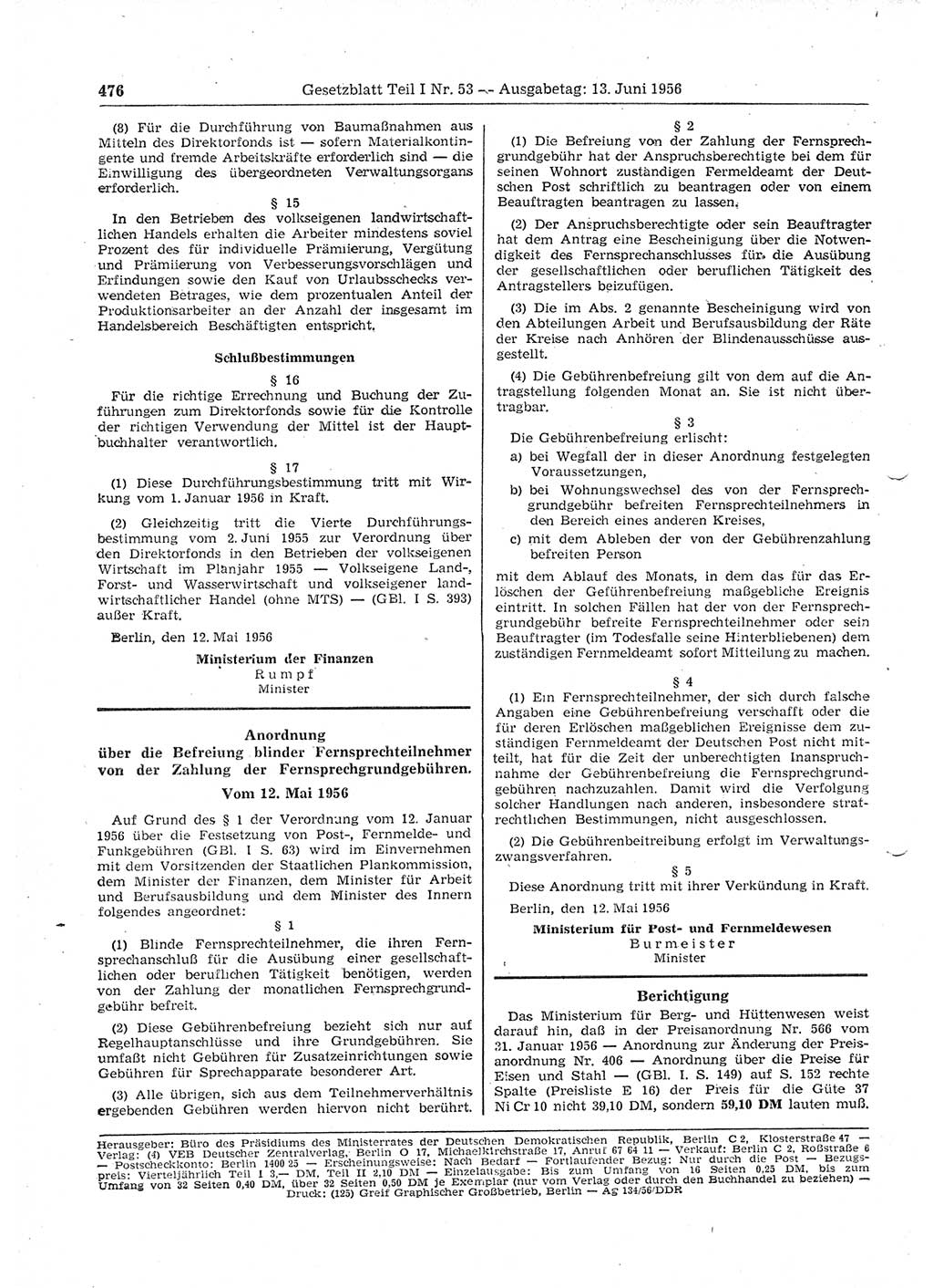 Gesetzblatt (GBl.) der Deutschen Demokratischen Republik (DDR) Teil Ⅰ 1956, Seite 476 (GBl. DDR Ⅰ 1956, S. 476)