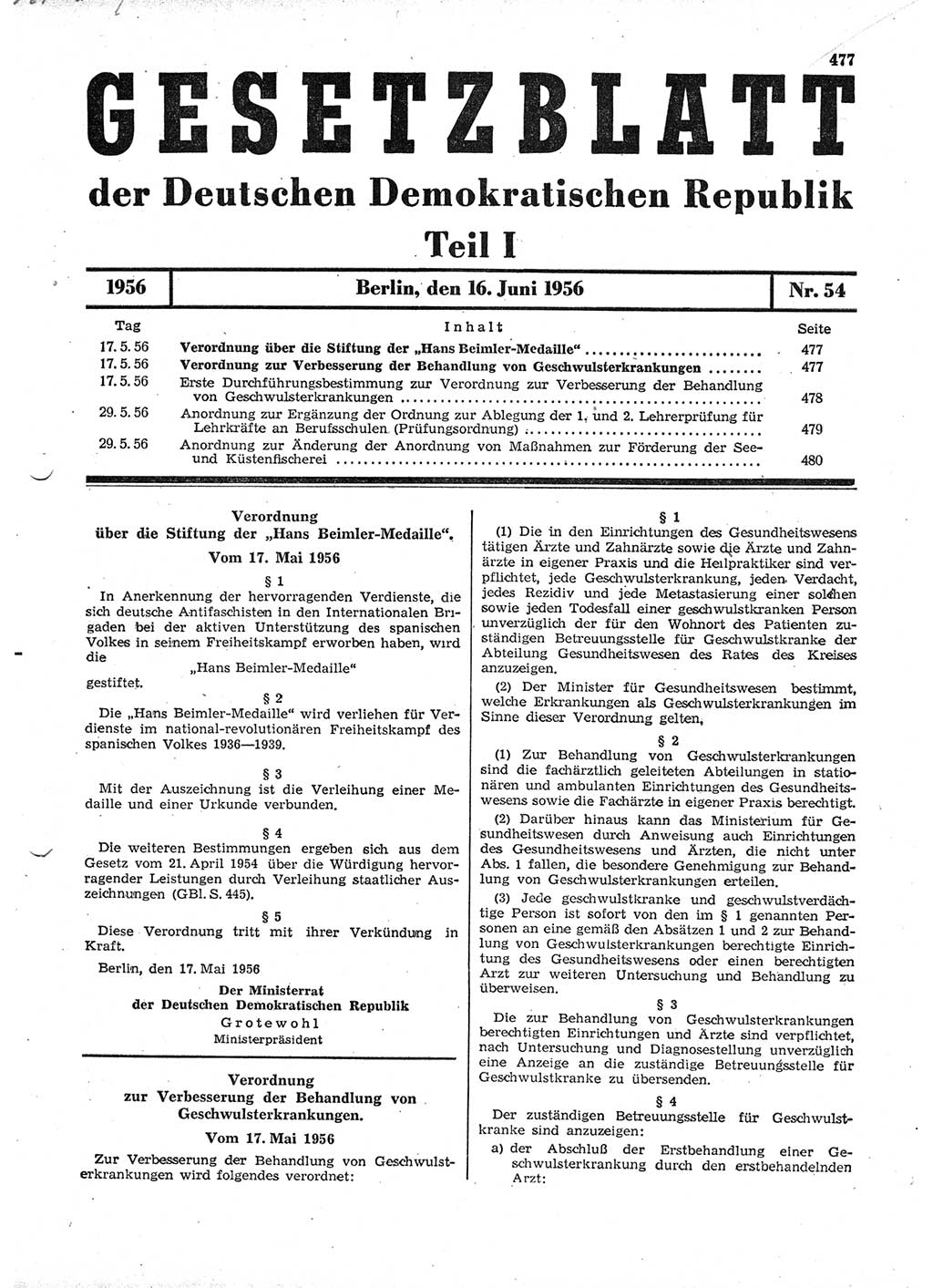 Gesetzblatt (GBl.) der Deutschen Demokratischen Republik (DDR) Teil Ⅰ 1956, Seite 477 (GBl. DDR Ⅰ 1956, S. 477)