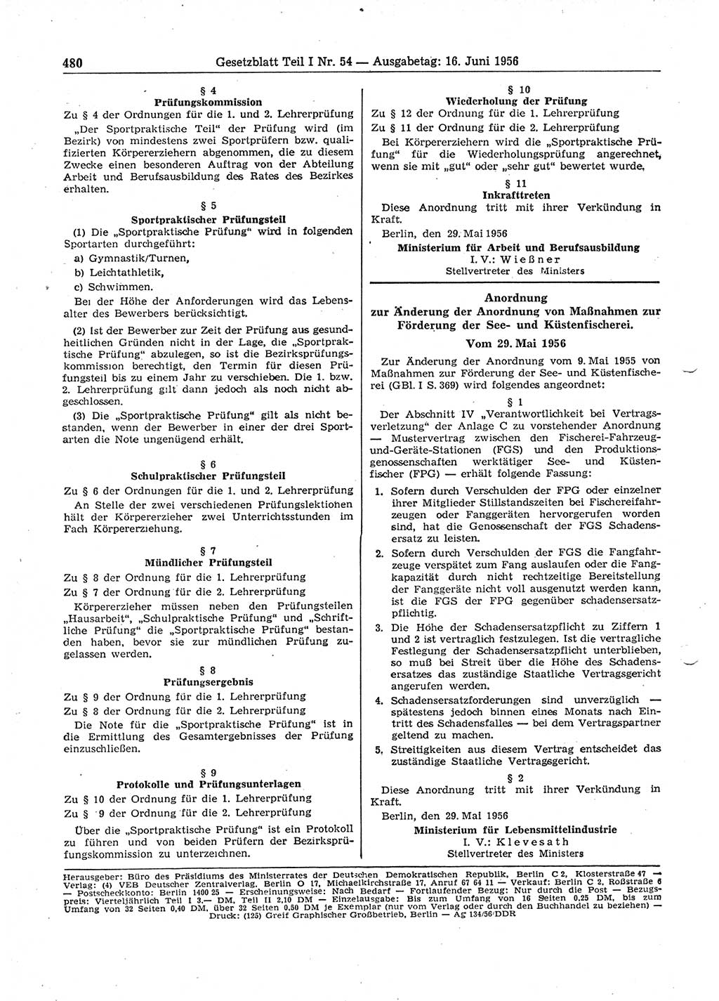Gesetzblatt (GBl.) der Deutschen Demokratischen Republik (DDR) Teil Ⅰ 1956, Seite 480 (GBl. DDR Ⅰ 1956, S. 480)
